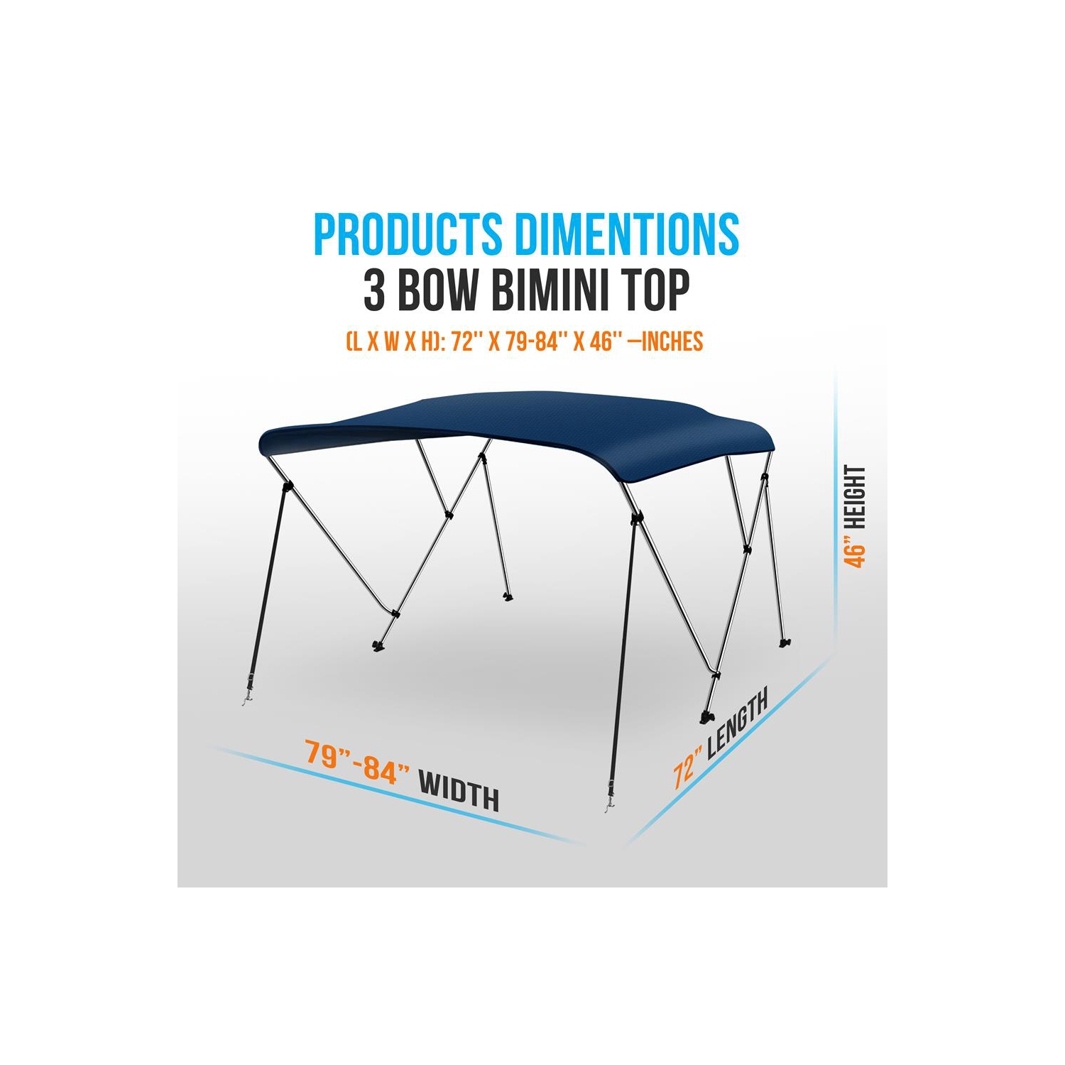 3 Bow Bimini Top - 2 Straps and 2 Rear Support Poles with Marine-Grade 600D Polyester Canvas