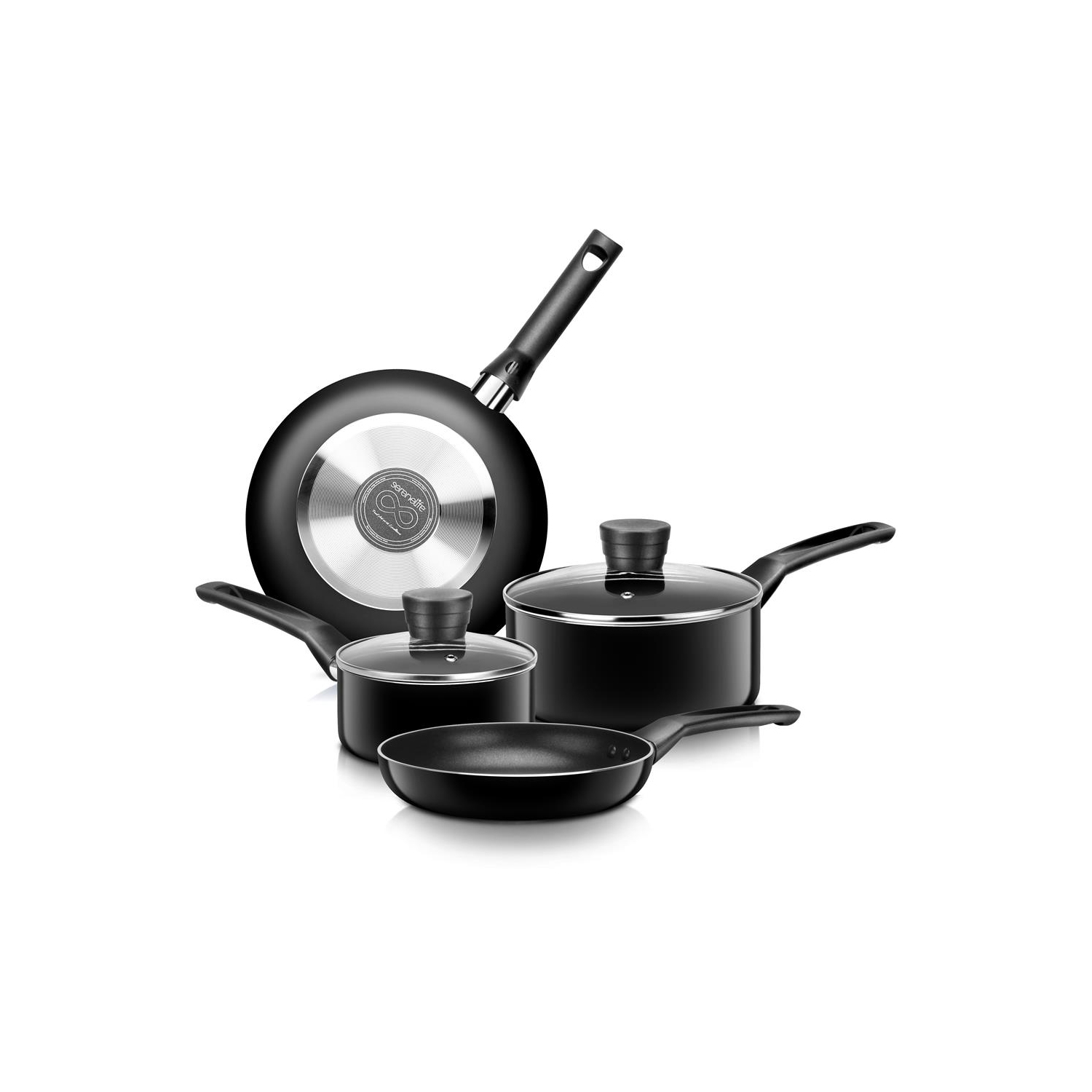 SereneLife Kitchenware Pots & Pans Set – Basic Kitchen Cookware, Black Non-Stick Coating Inside, Heat Resistant Lacquer