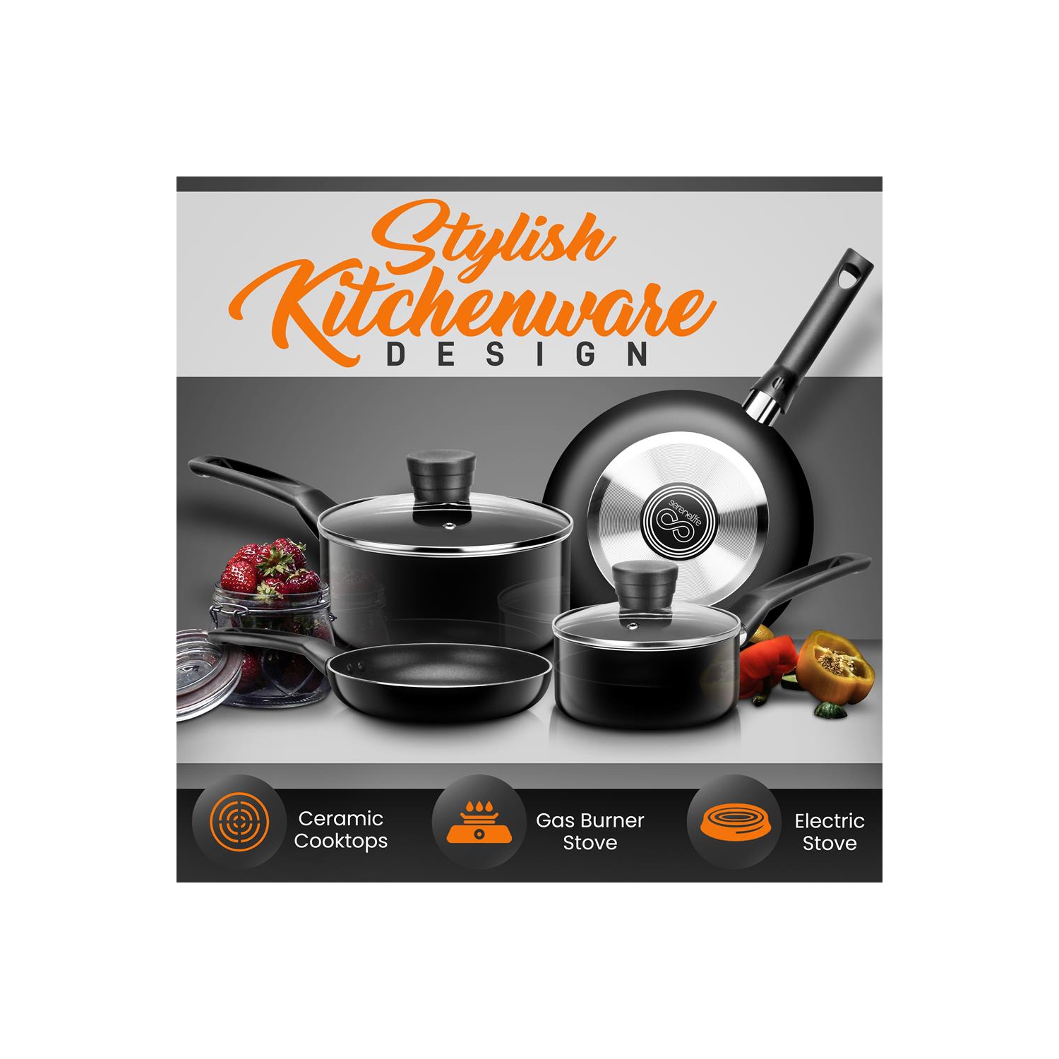 SereneLife Kitchenware Pots & Pans Set – Basic Kitchen Cookware, Black Non-Stick Coating Inside, Heat Resistant Lacquer
