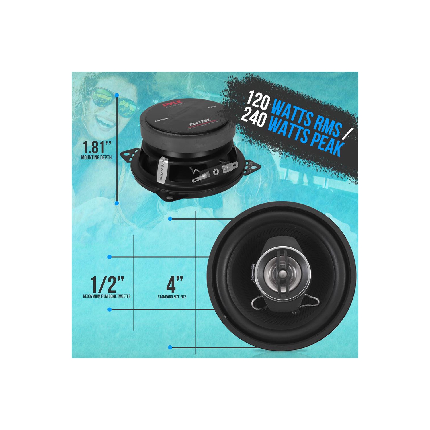 Système de haut-parleurs à deux voies : une paire de haut-parleurs coaxiaux à deux voies de 4 po, 240 W avec impédance 4 Ohm et bobine