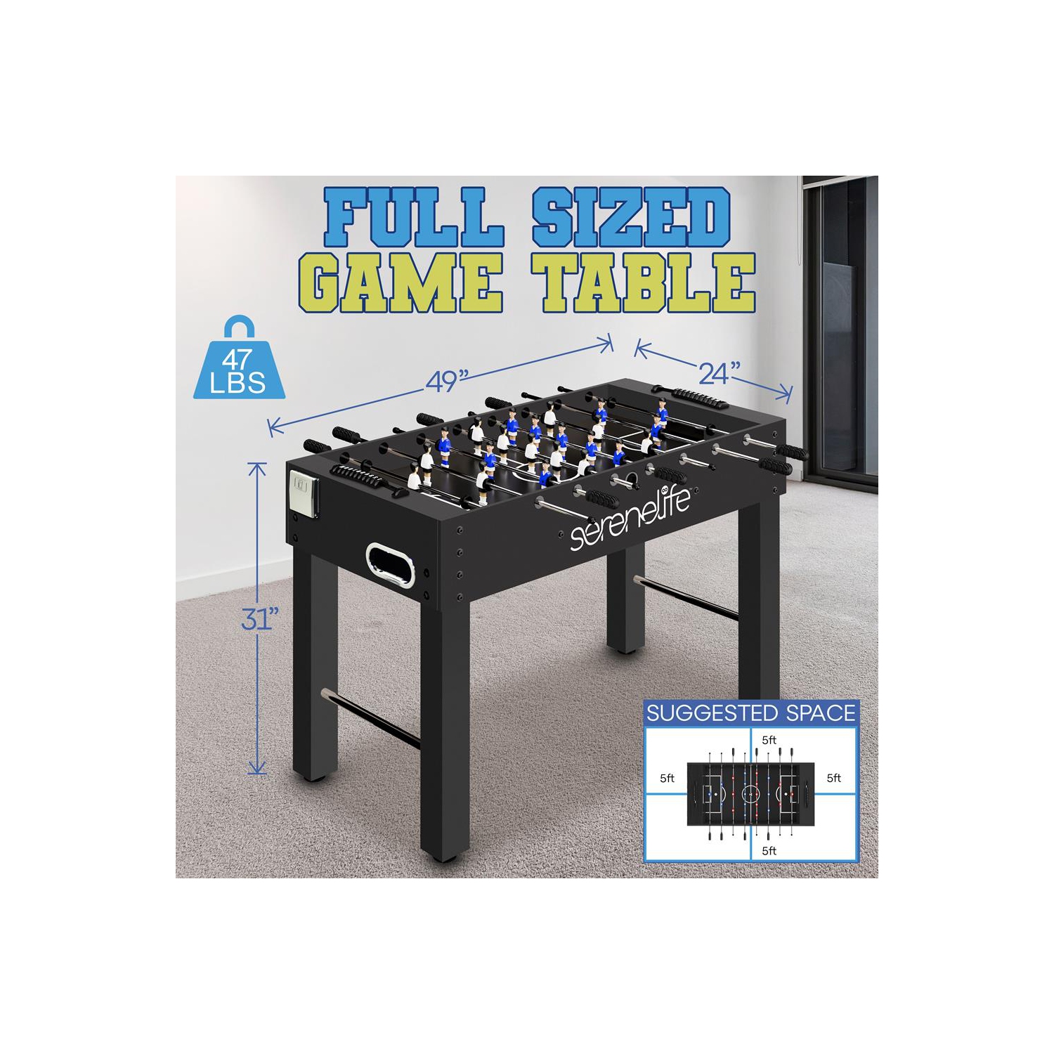 Table de soccer de 48 po de taille compétition - jeu d'arcade de soccer de table pour la maison et la salle de jeu avec 2 balles et 2 porte-gobelets