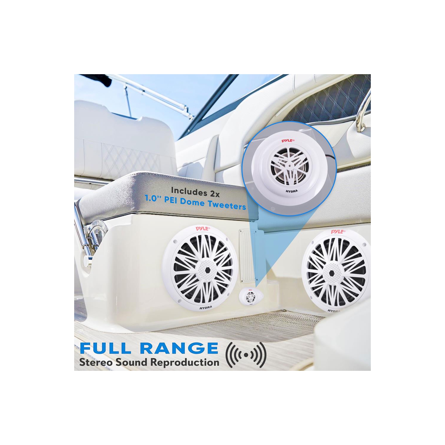 Pyle – Deux haut-parleurs nautiques résistants à l'eau de 6,5&nbsp;po, son stéréo pleine gamme à 2 voies, haut-parleurs d'aigus intégrés, 200 W, blanc