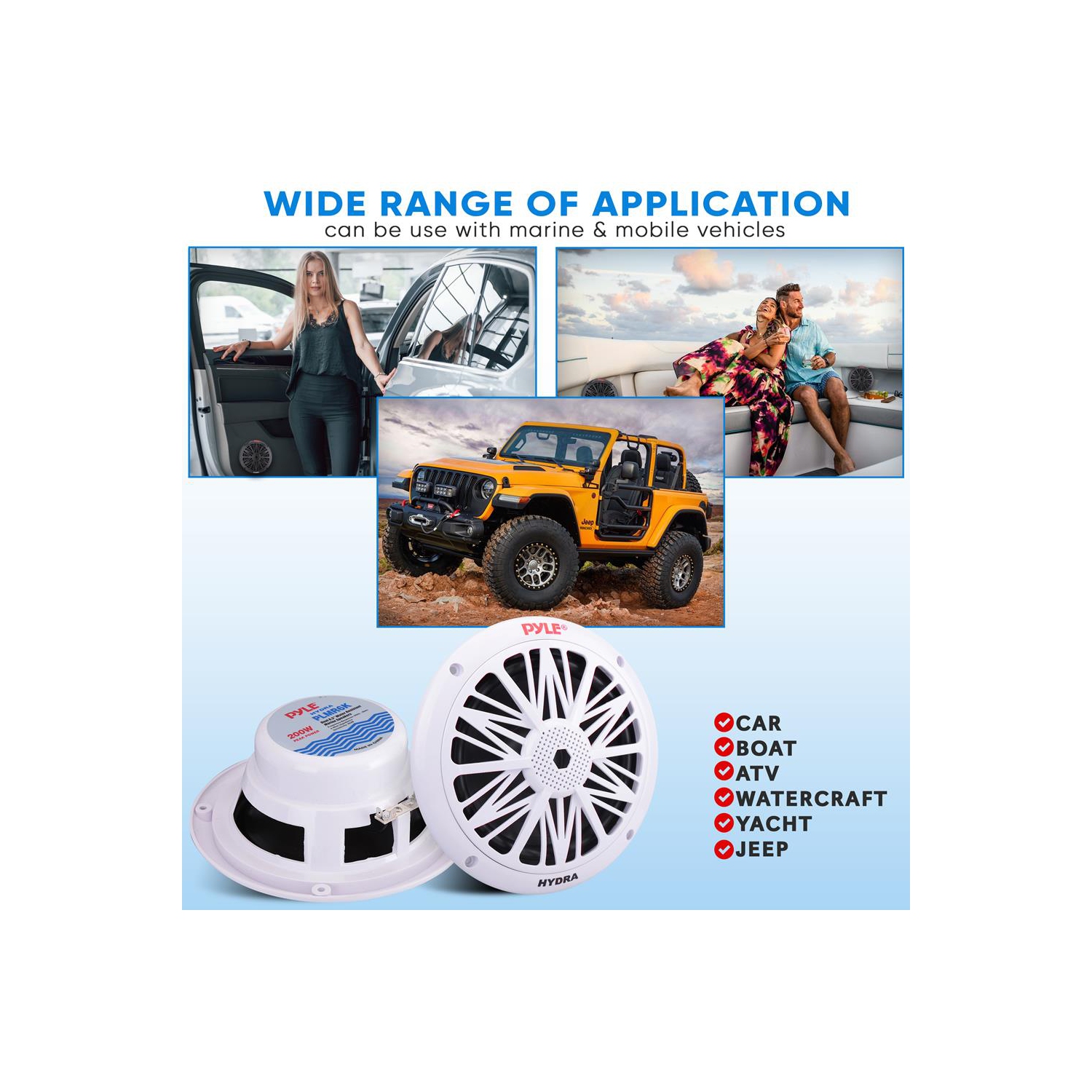 Pyle – Deux haut-parleurs nautiques résistants à l'eau de 6,5&nbsp;po, son stéréo pleine gamme à 2 voies, haut-parleurs d'aigus intégrés, 200 W, blanc