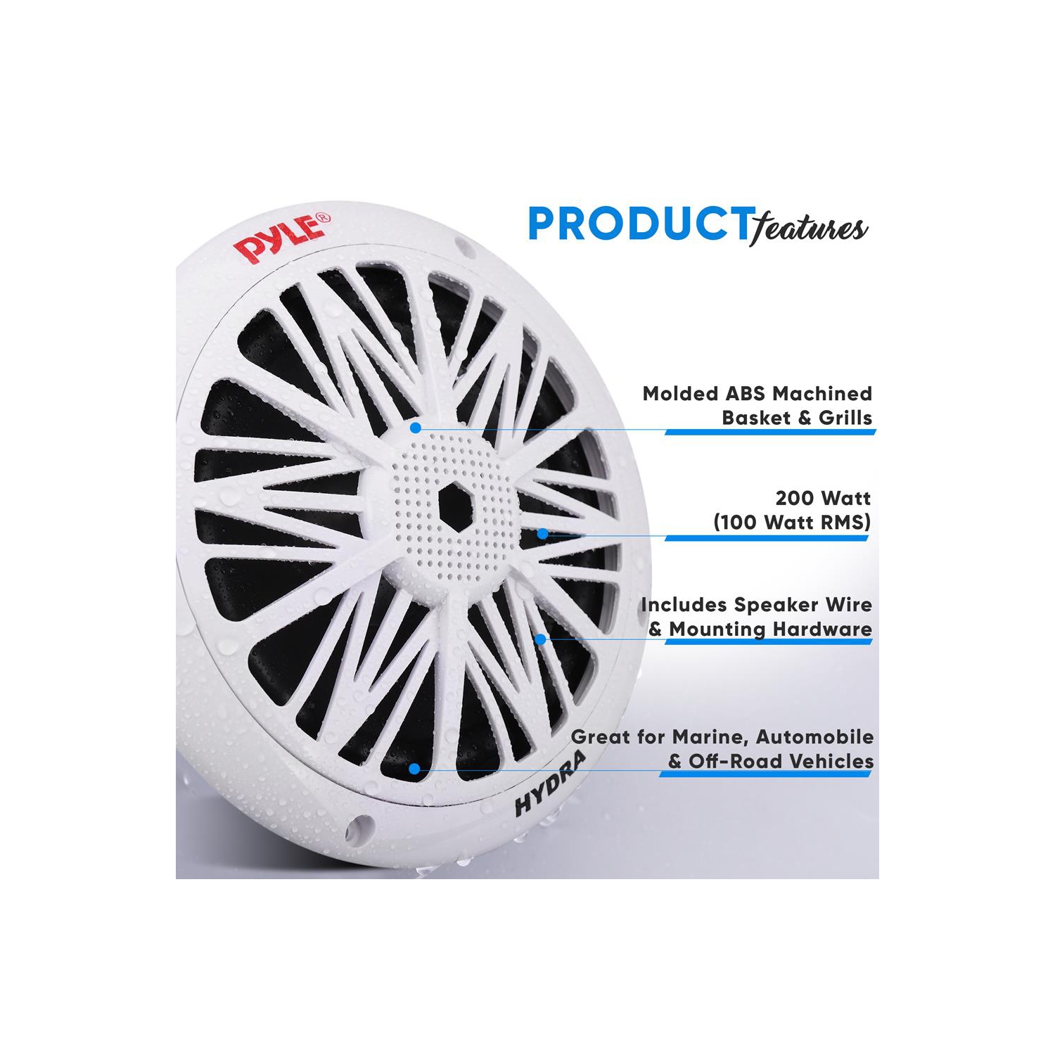 Pyle – Deux haut-parleurs nautiques résistants à l'eau de 6,5&nbsp;po, son stéréo pleine gamme à 2 voies, haut-parleurs d'aigus intégrés, 200 W, blanc