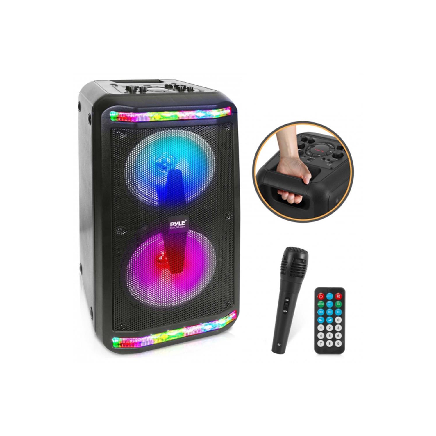 Bluetooth Speaker & Microphone System - Portable Stereo Karaoke Speaker with Wired Mic, Built-in LED Party Lights,