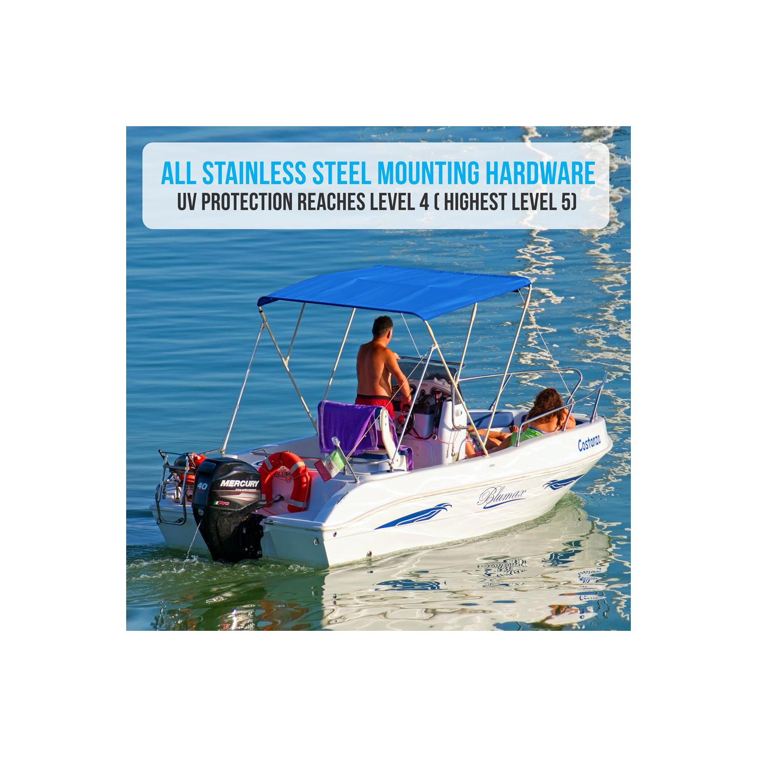 3 Bow Bimini Top - 2 Straps and 2 Rear Support Poles with Marine-Grade 600D Polyester Canvas