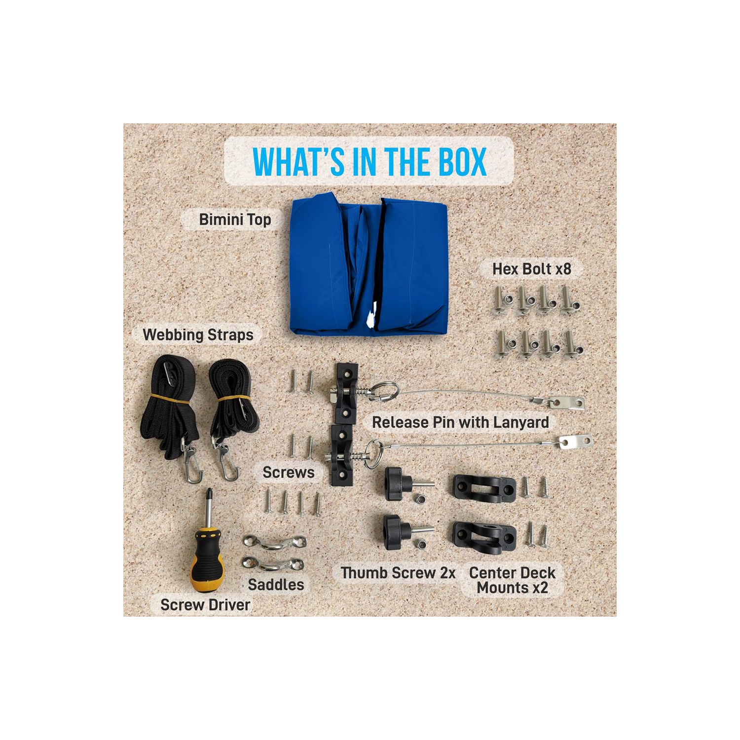 3 Bow Bimini Top - 2 Straps and 2 Rear Support Poles with Marine-Grade 600D Polyester Canvas