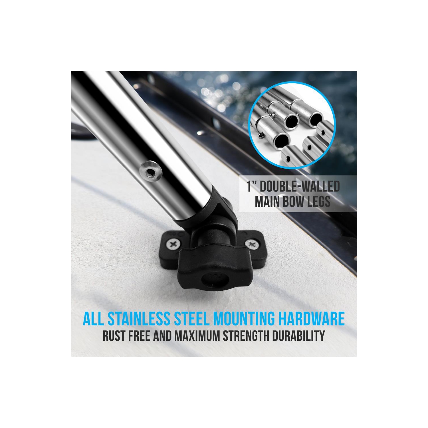 3 Bow Bimini Top - 2 Straps and 2 Rear Support Poles with Marine-Grade 600D Polyester Canvas