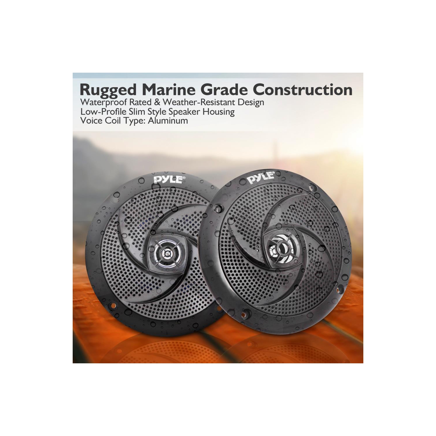 Pyle Waterproof Rated Marine Speakers, Low-Profile Slim Style Speaker Pair with Built-in LED Lights, 5.25''-inch