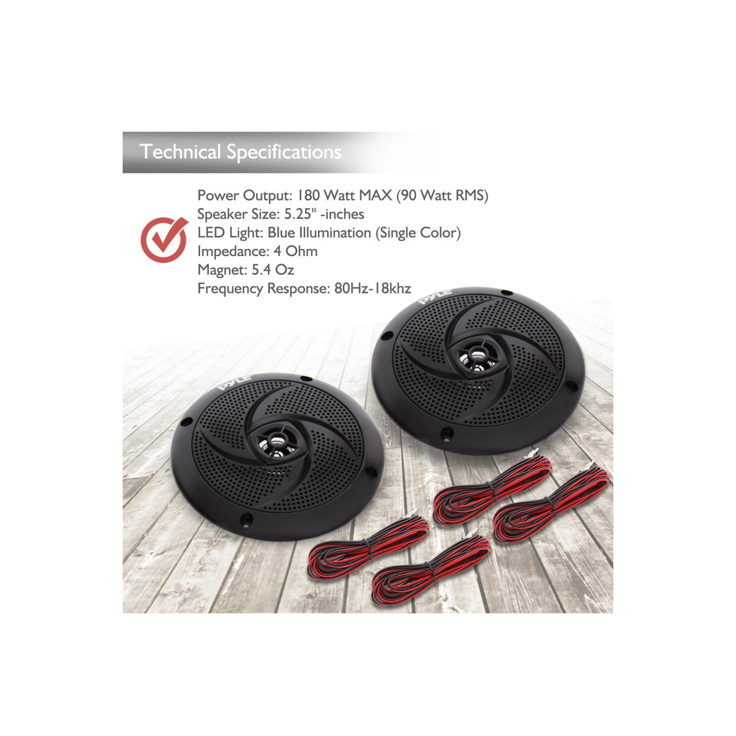 Pyle Waterproof Rated Marine Speakers, Low-Profile Slim Style Speaker Pair with Built-in LED Lights, 5.25''-inch