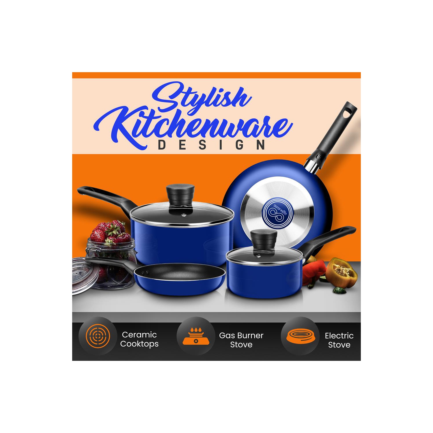 Kitchenware Pots & Pans Set – Basic Kitchen Cookware, Black Non-Stick Coating Inside, Heat Resistant Lacquer