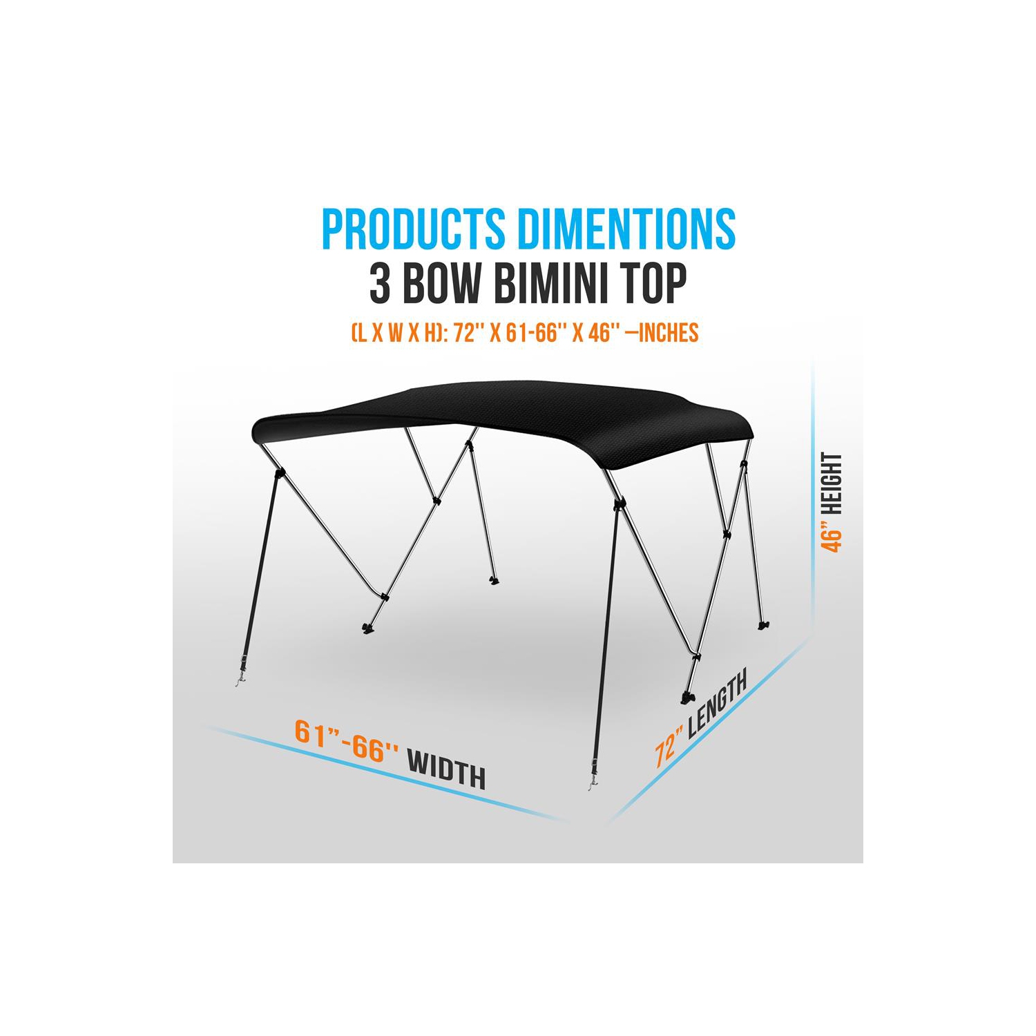3 Bow Bimini Top - 2 Straps and 2 Rear Support Poles with Marine-Grade 600D Polyester Canvas