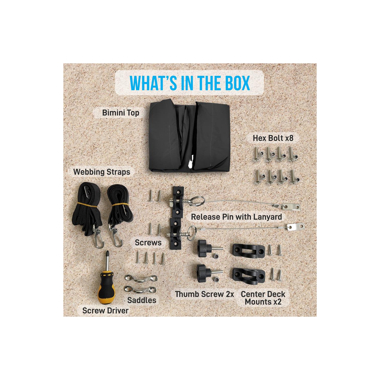 3 Bow Bimini Top - 2 Straps and 2 Rear Support Poles with Marine-Grade 600D Polyester Canvas