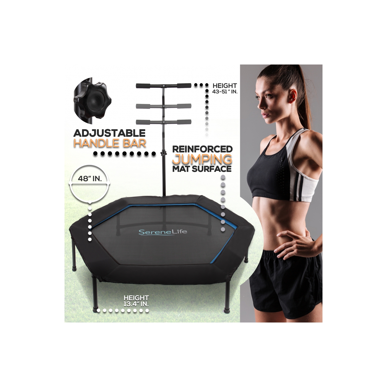 Pro Aerobics Fitness Trampoline - Portable Gym Sports Trampoline with Adjustable Handrail