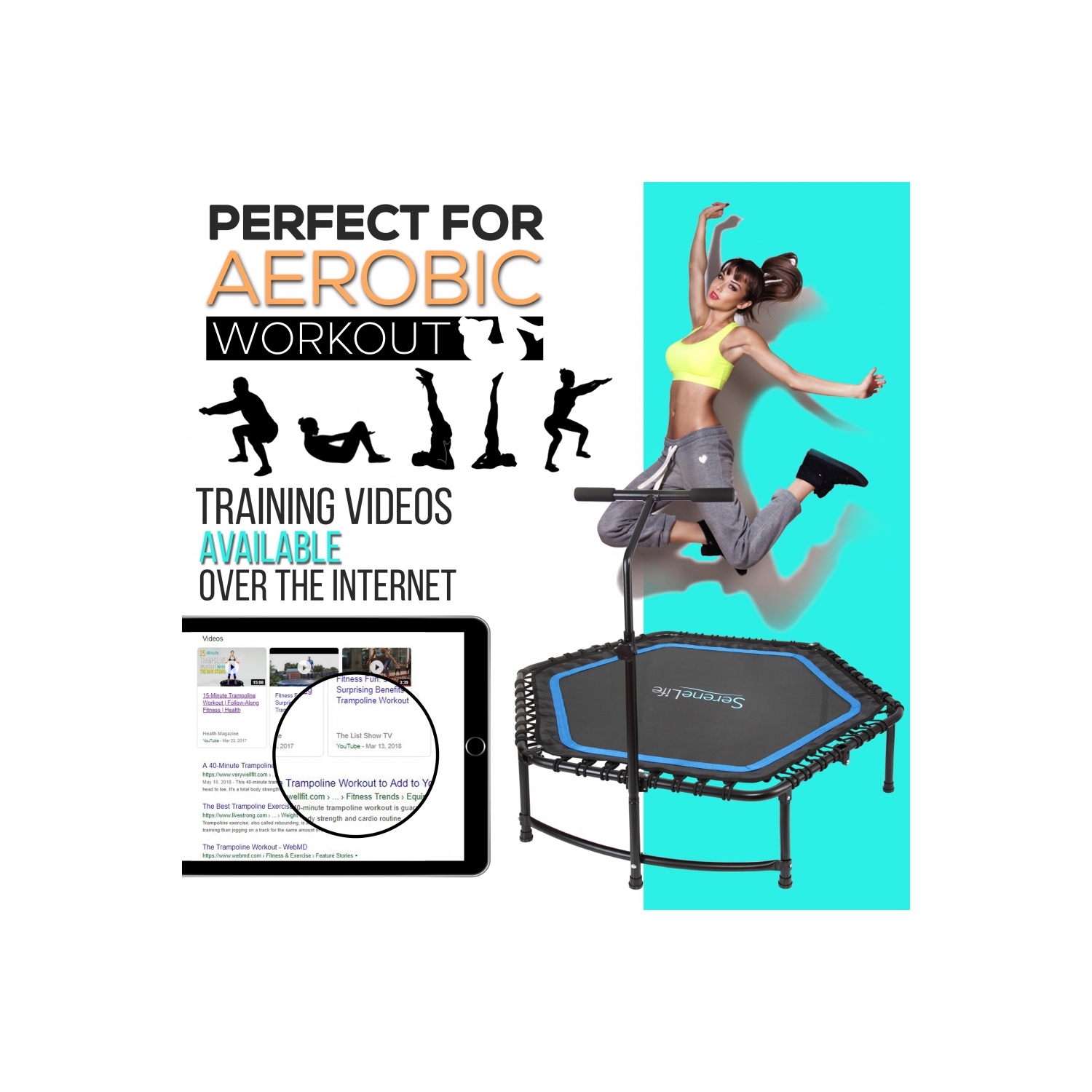 Pro Aerobics Fitness Trampoline - Portable Gym Sports Trampoline with Adjustable Handrail