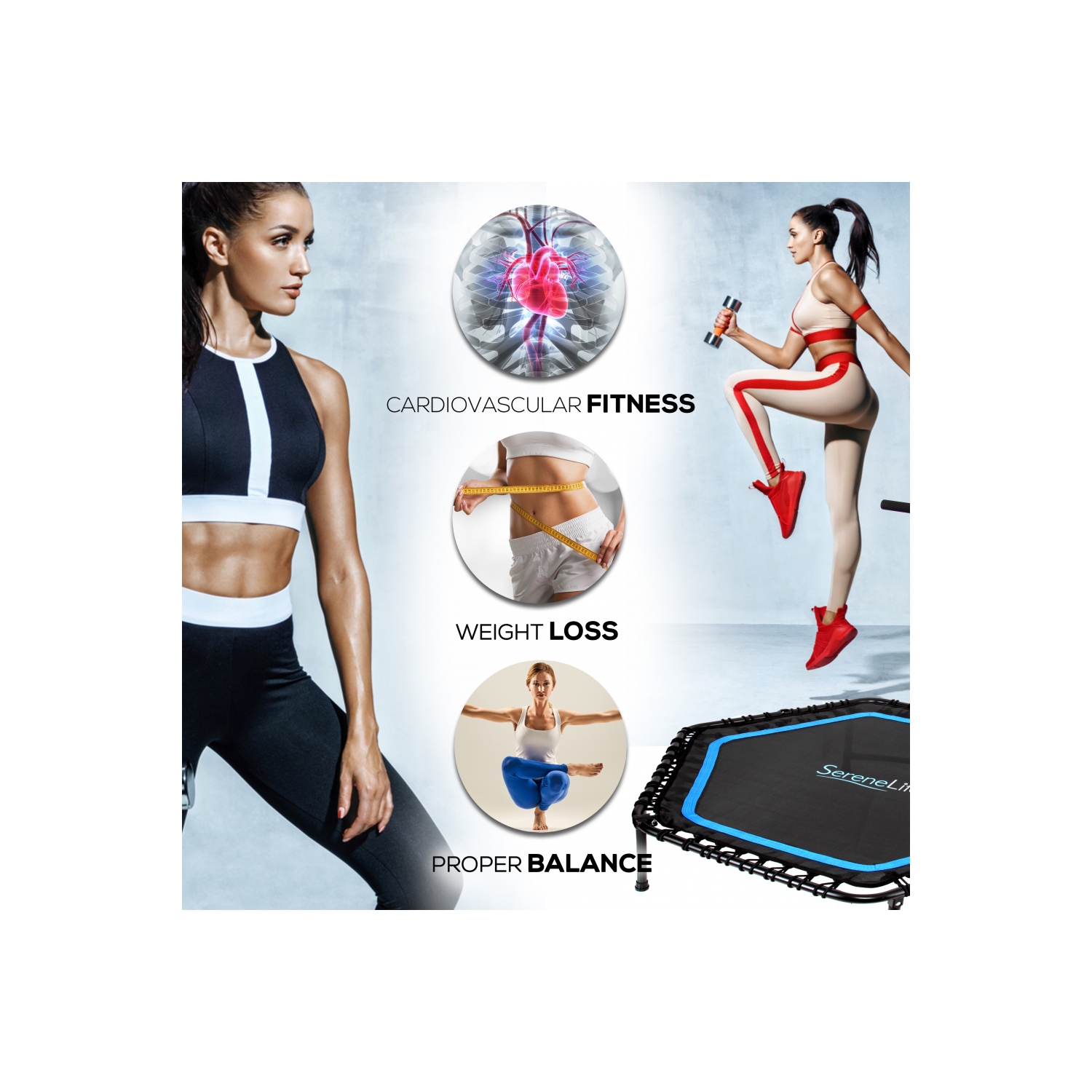 Pro Aerobics Fitness Trampoline - Portable Gym Sports Trampoline with Adjustable Handrail