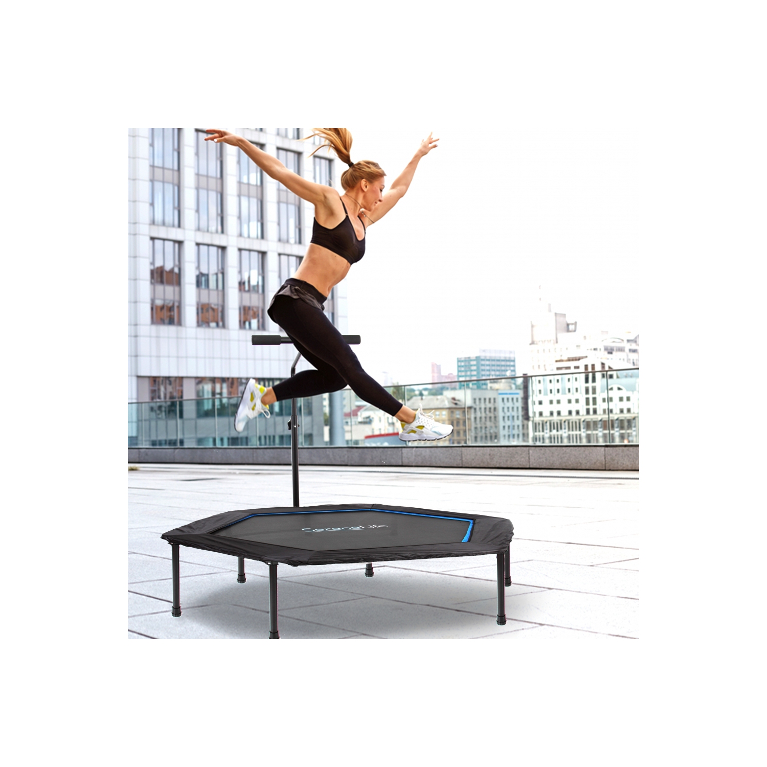 Pro Aerobics Fitness Trampoline - Portable Gym Sports Trampoline with Adjustable Handrail