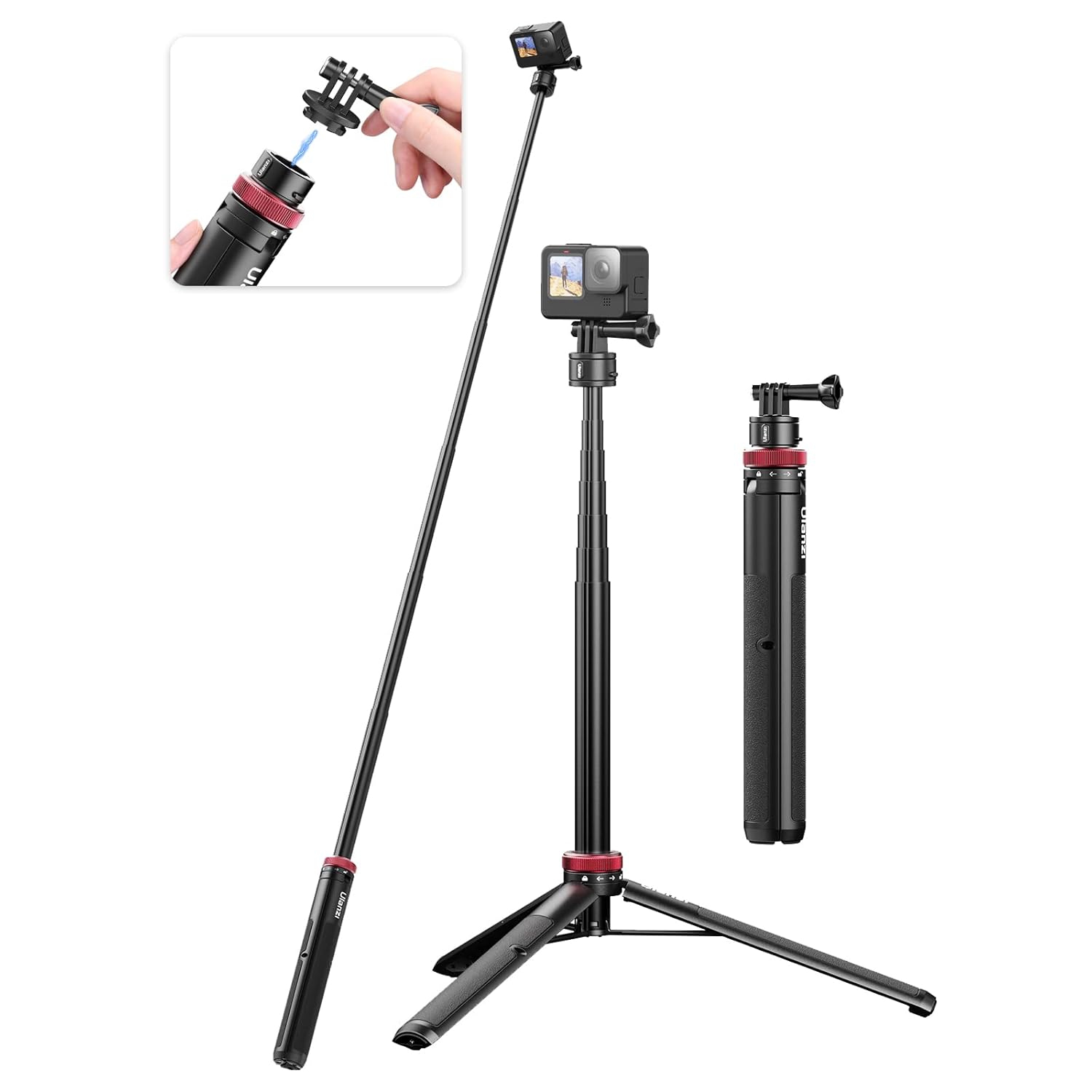 Go Quick II: 57in Extendable Selfie Tripod Accessories for GoPro - Long Action Camera Stick Tripod with Quick Release Adapter and Vlog Handle Grip