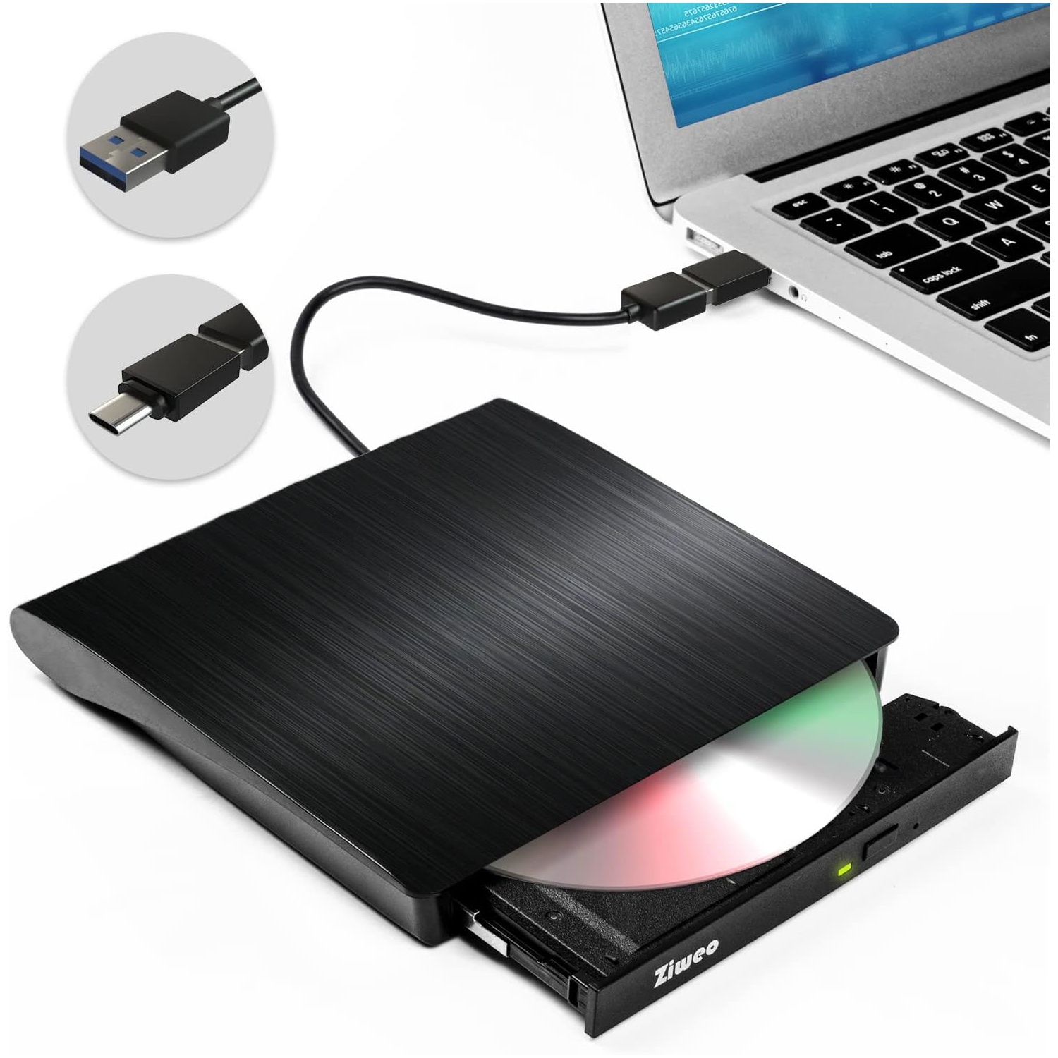 Ziweo External DVD Drive USB 3.0 Type-C CD Burner Portable CD +/-RW Drive DVD Player for ROM Rewriter Burner Compatible with Laptop Desktop PC