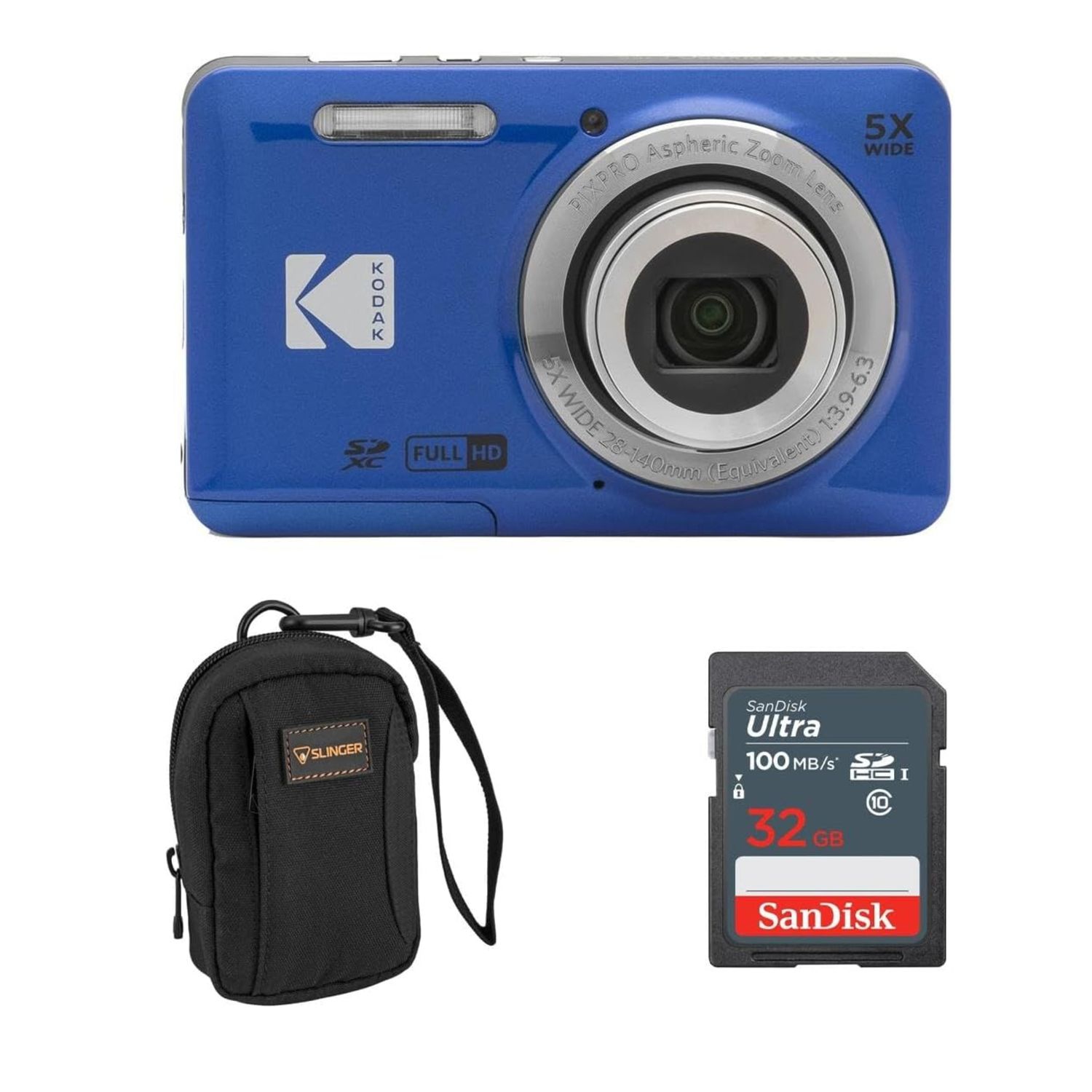 KODAK PIXPRO FZ55-BLU 16MP Digital Camera (BLUE) 5X Optical Zoom 28mm Wide Angle 1080P Full HD Video 2.7" LCD Vlogging Camera Bundled with SD Card and Slinger Camera Bag