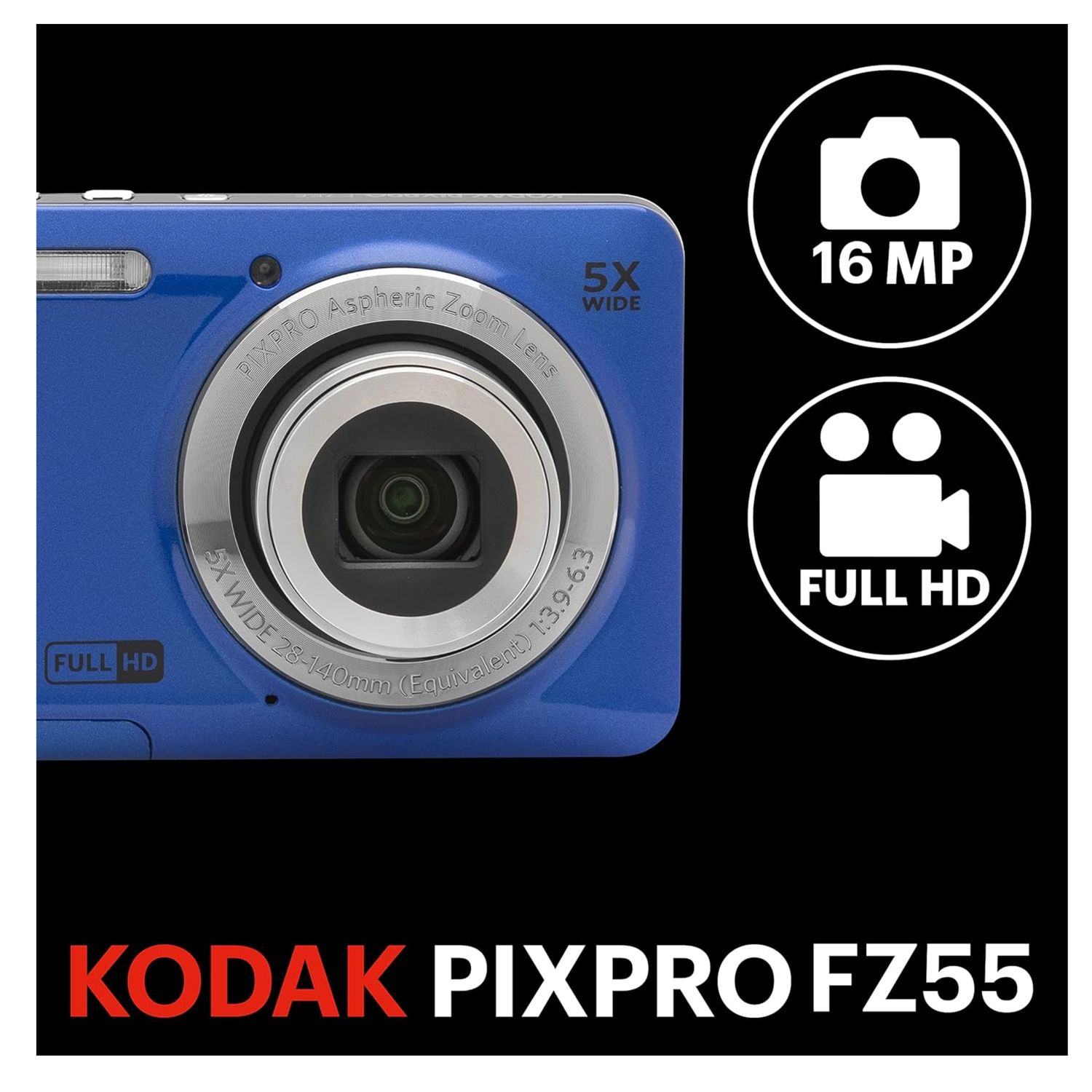 KODAK PIXPRO FZ55-RD 16MP Digital Camera 5X Optical Zoom 28mm Wide Angle 1080P Full HD Video 2.7" LCD Vlogging Camera Bundled with SD Card and