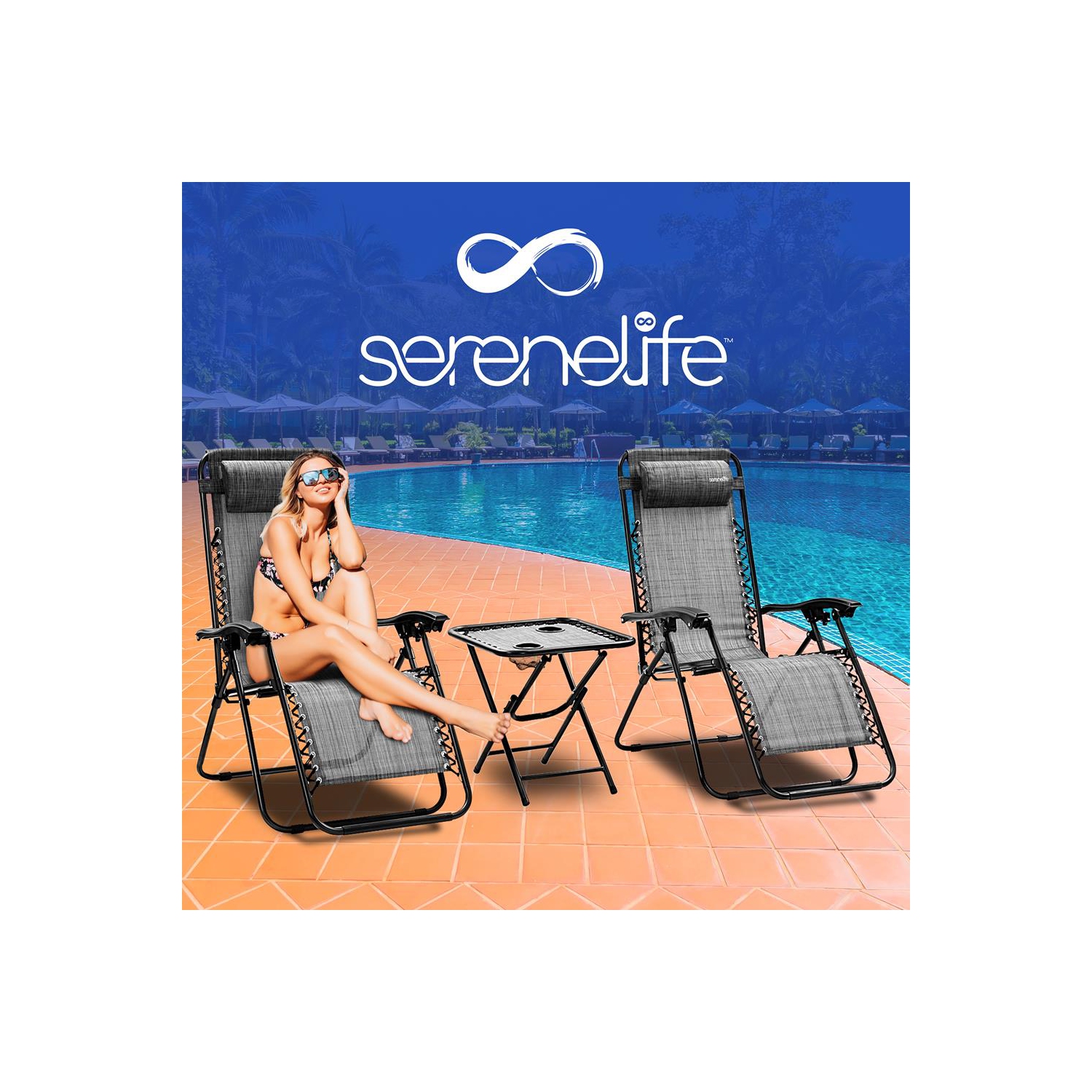 Outdoor Adjustable Zero Gravity Lounge Chair Recliners with Table and Padded Headrest Pillows, 2 Pack,