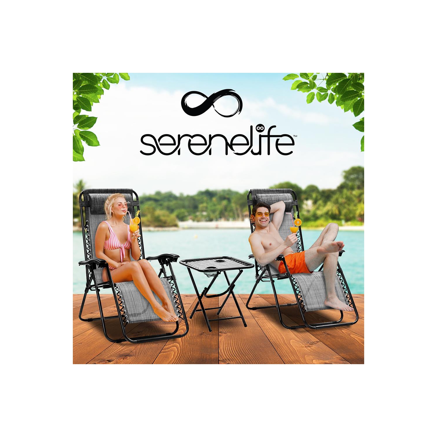 Outdoor Adjustable Zero Gravity Lounge Chair Recliners with Table and Padded Headrest Pillows, 2 Pack,