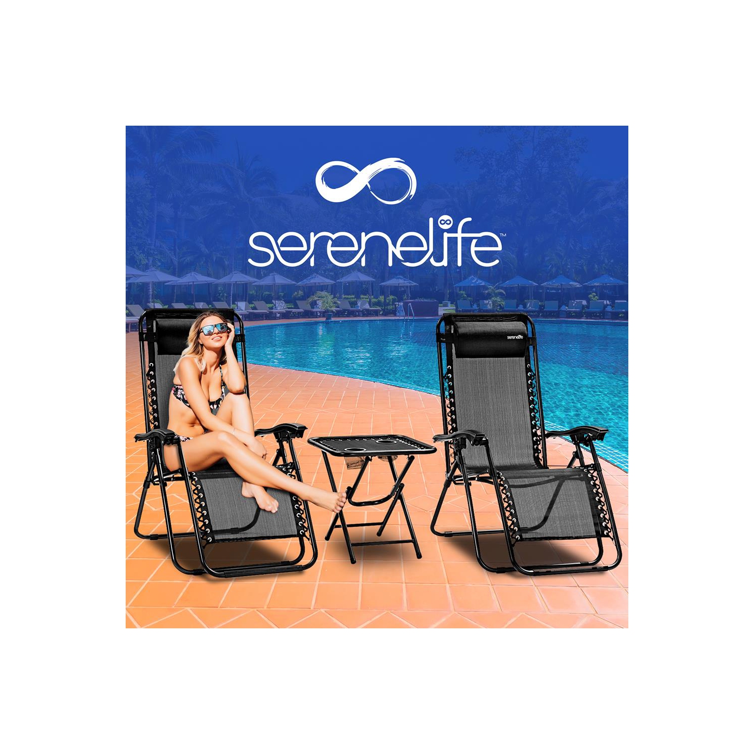 Outdoor Adjustable Zero Gravity Lounge Chair Recliners with Table and Padded Headrest Pillows, 2 Pack,