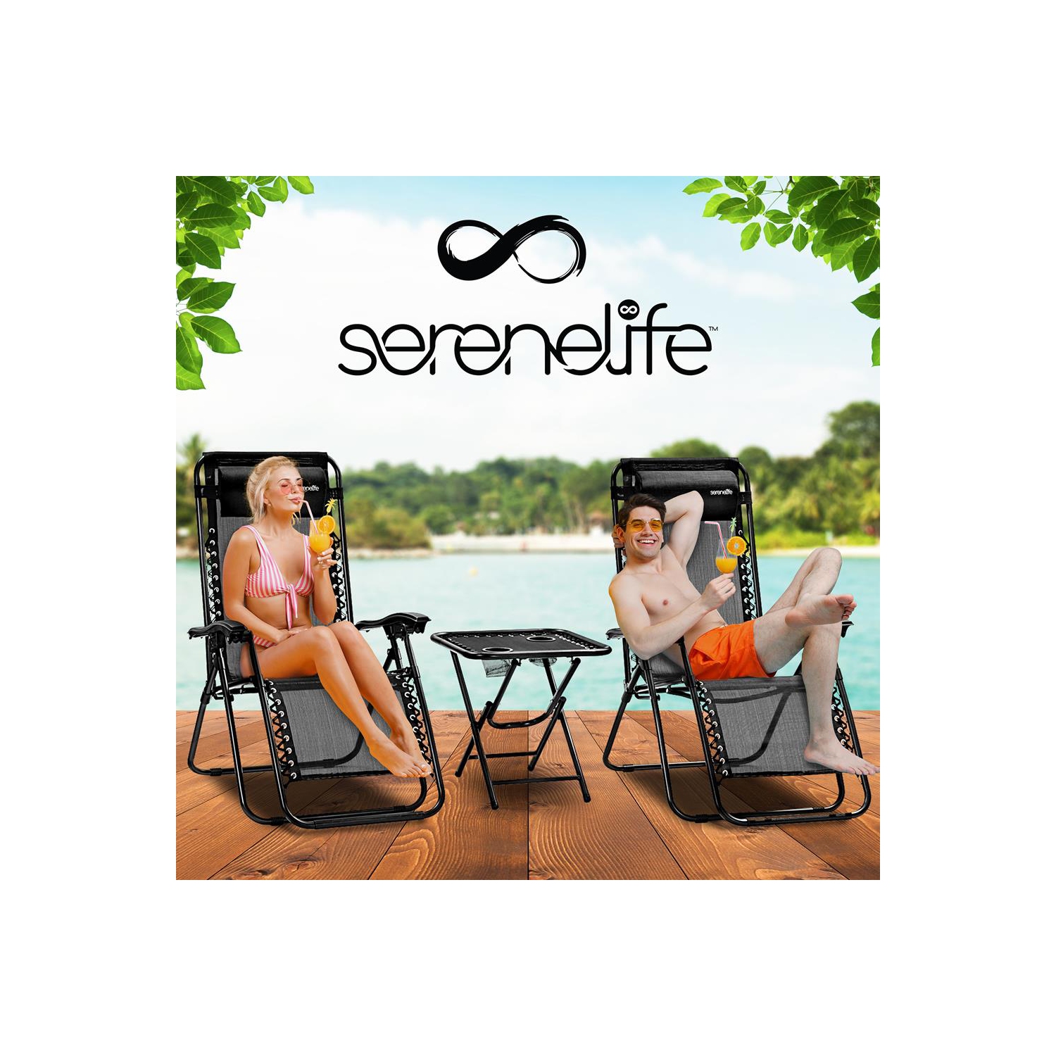 Outdoor Adjustable Zero Gravity Lounge Chair Recliners with Table and Padded Headrest Pillows, 2 Pack,