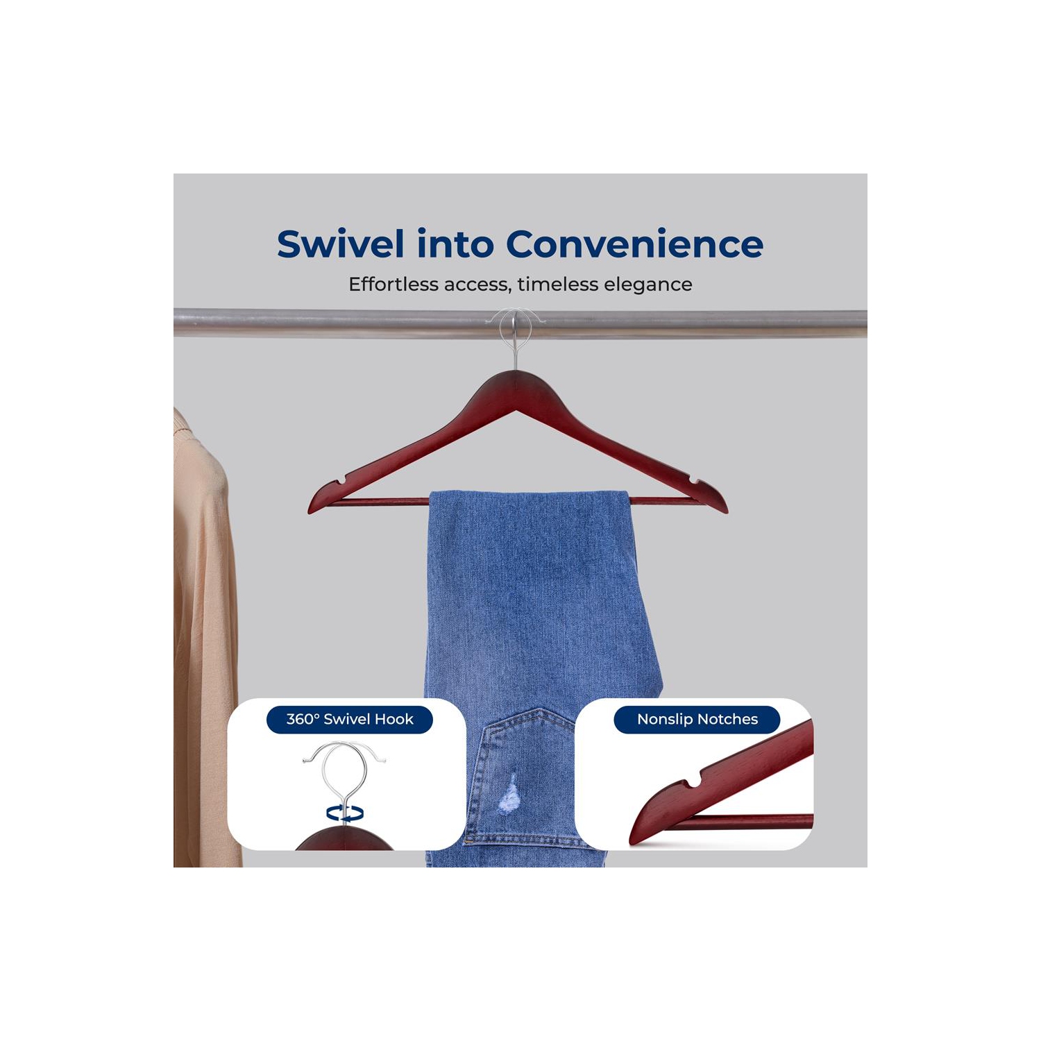 50 Pieces Wooden Hangers - Non-Slip, Sturdy, and Heavy Duty Suit Hanger Set with Chrome 360° Swivel Hook and Notches Design for Clothes