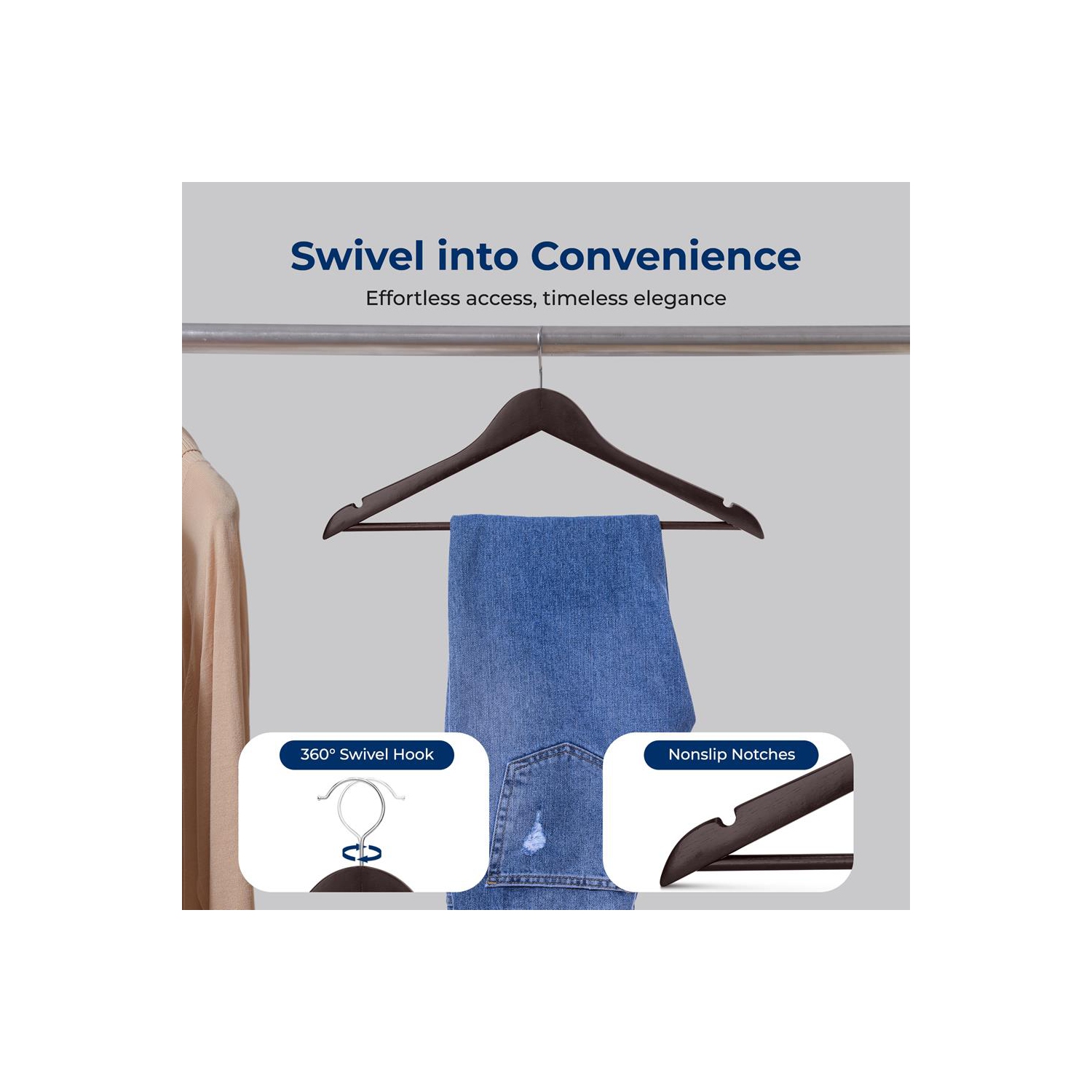 30 Pieces Wooden Hangers - Non-Slip, Sturdy, and Heavy Duty Suit Hanger Set with Chrome 360° Swivel Hook and Notches Design for Clothes