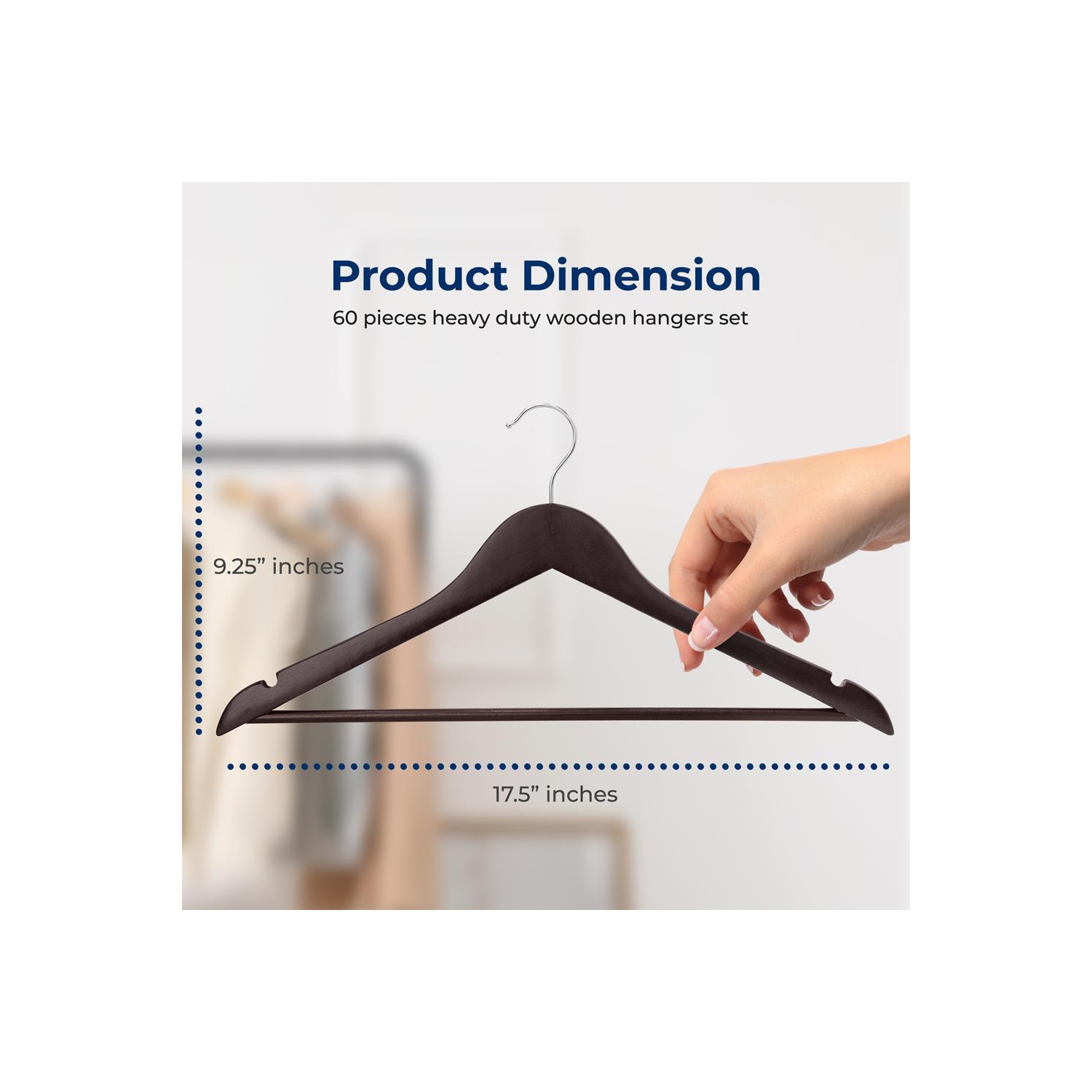 60 Pieces Wooden Hangers - Non-Slip, Sturdy, and Heavy Duty Suit Hanger Set with Chrome 360° Swivel Hook and Notches Design for Clothes