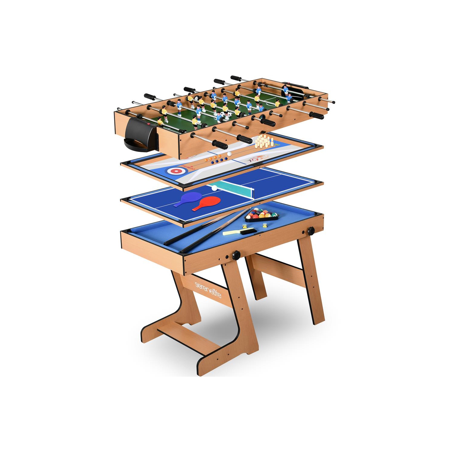 Table de jeu pliante multifonction 5-en-1 de 48 po - comprend une table de billard stable, un jeu de quilles, une table de jeu de palets, une table