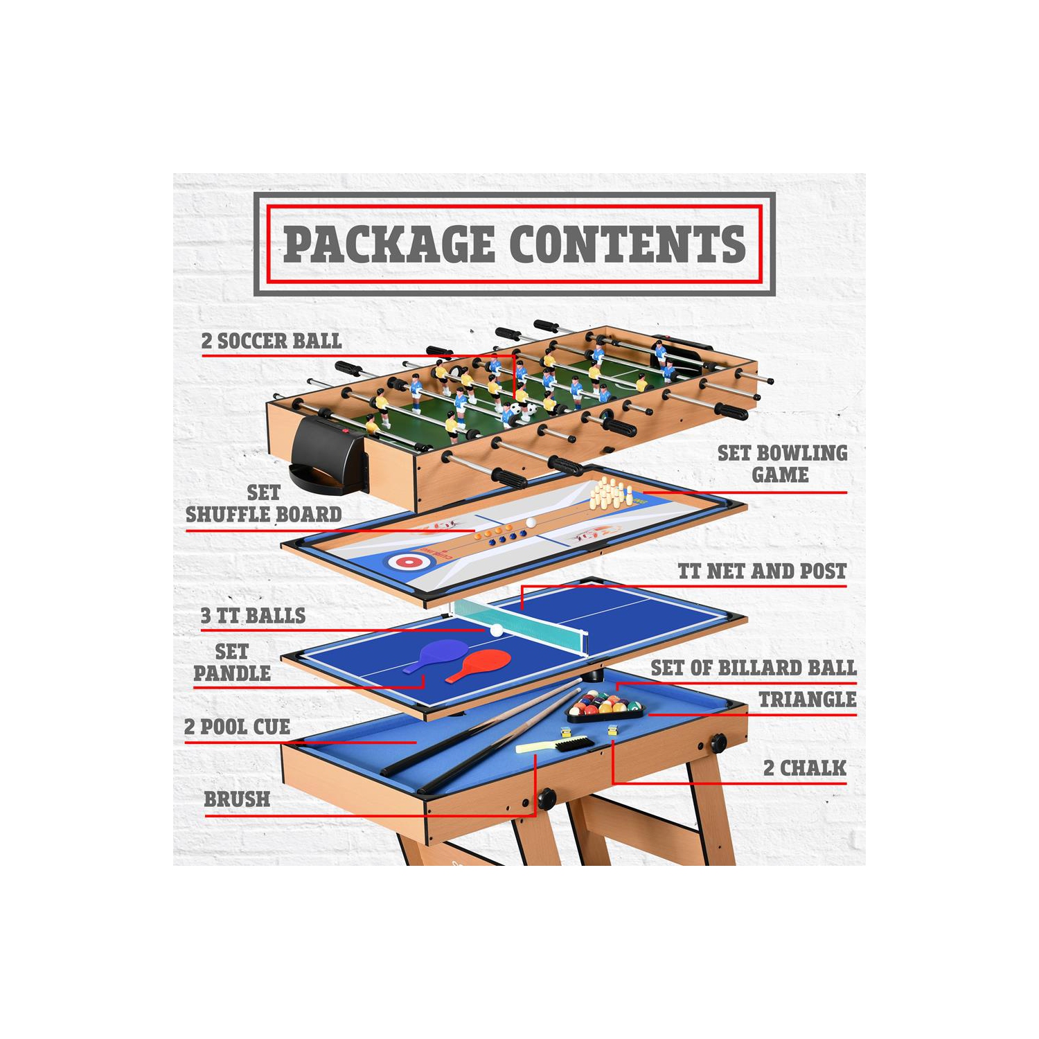 Table de jeu pliante multifonction 5-en-1 de 48 po - comprend une table de billard stable, un jeu de quilles, une table de jeu de palets, une table