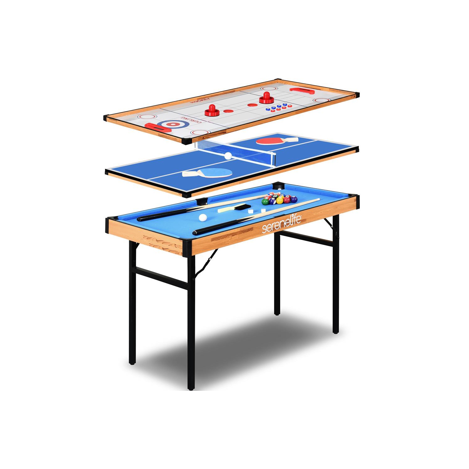 Table de jeu multifonction 3-en-1 : comprend une table de billard stable, une table de hockey, une table de jeu de palets et une table de Pingpong