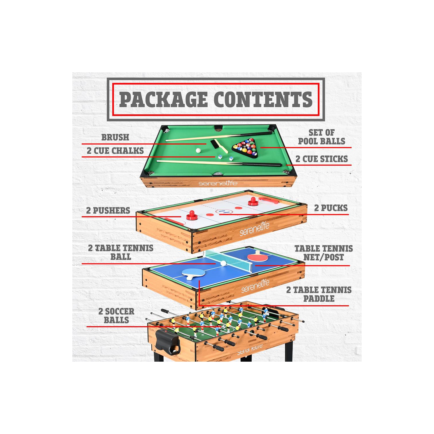 Table de jeu multifonction 4-en-1 : comprend une table de billard Steady, une table de hockey, une table de soccer et une table de Pingpong