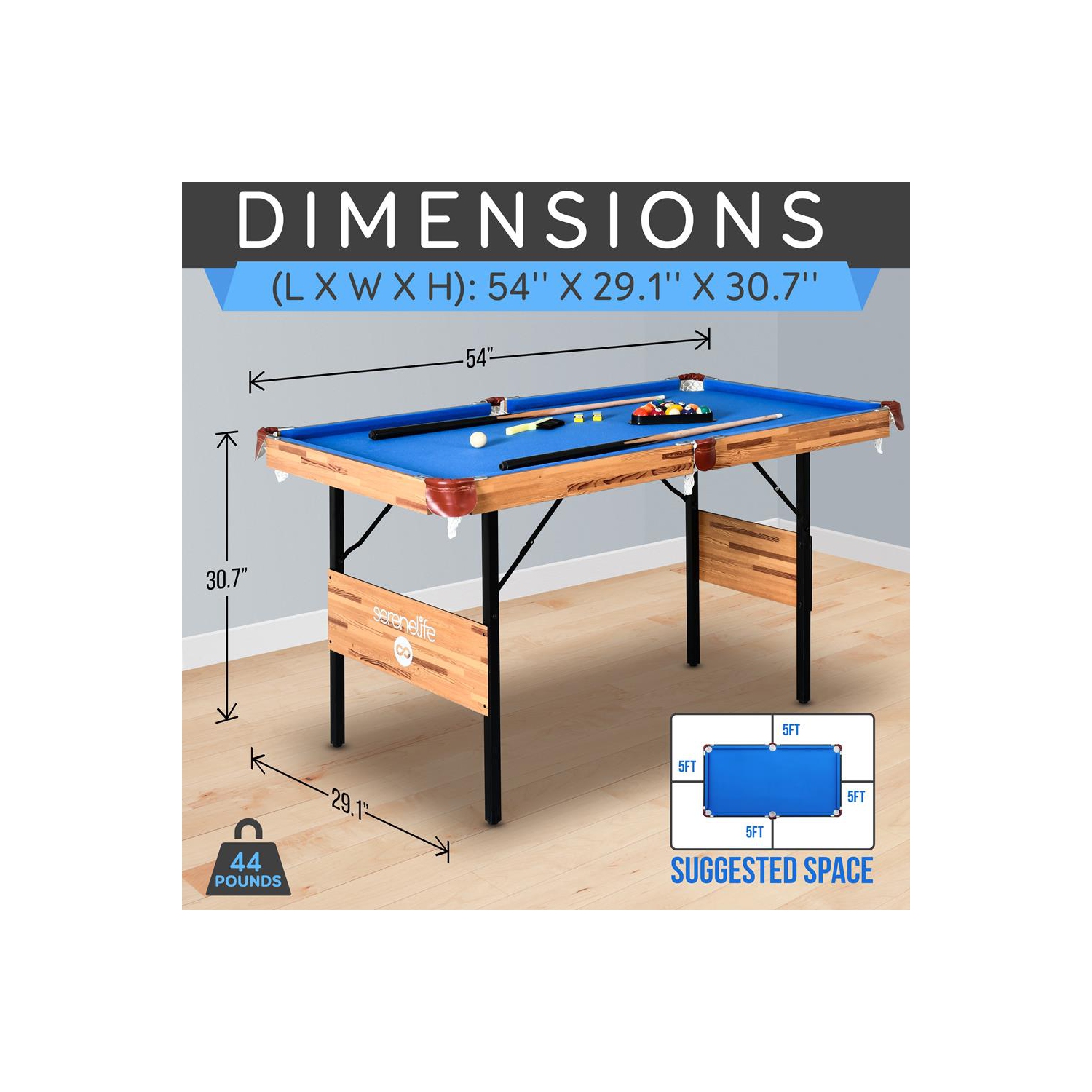 54'' Portable and Foldable Wooden Pool Table with Accessory Kit
