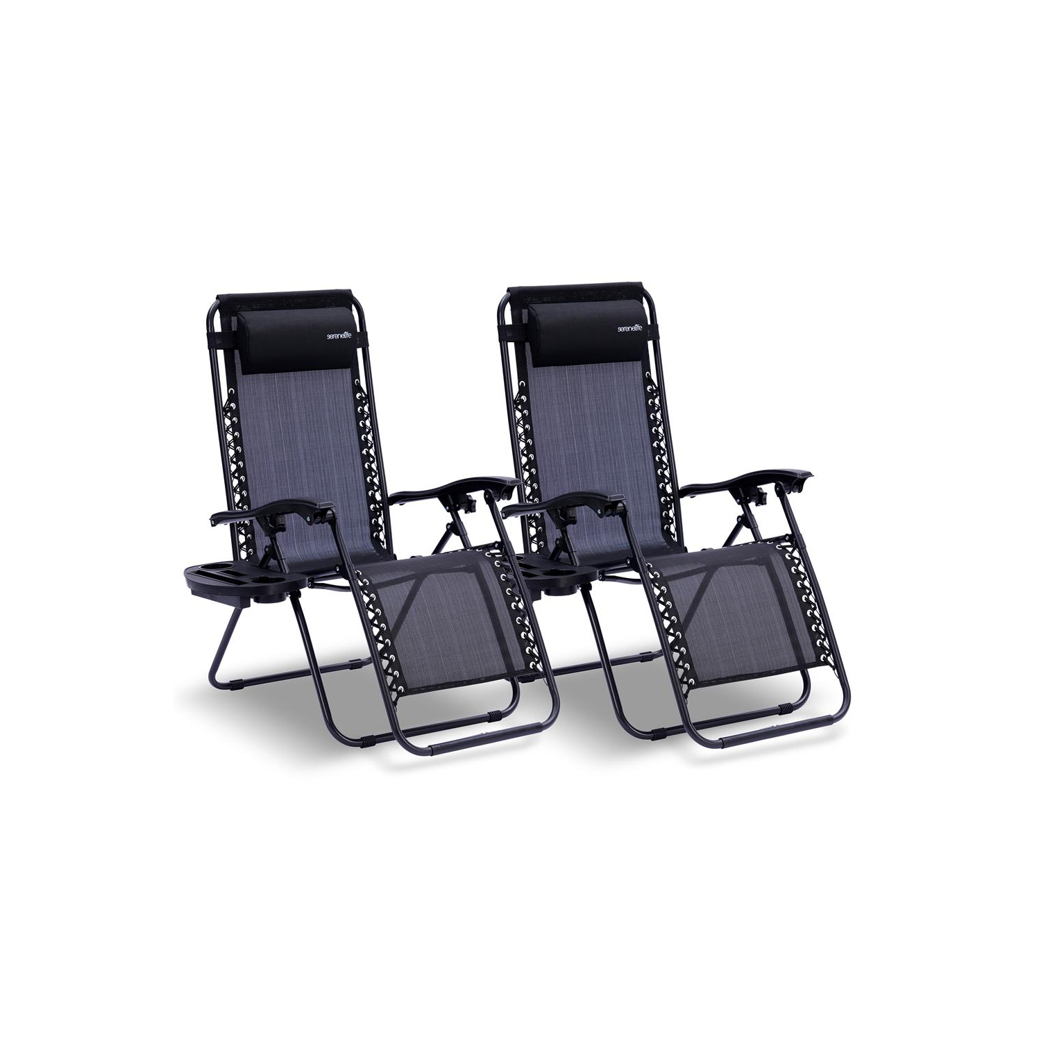 Chaise longue extérieure réglable Zero Gravity avec table d'appoint porte-gobelet en plastique et coussins d'appui-tête rembourrés, paq. 2