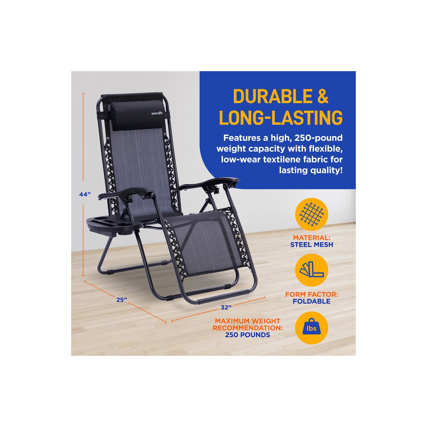 Chaise longue extérieure réglable Zero Gravity avec table d'appoint porte-gobelet en plastique et coussins d'appui-tête rembourrés, paq. 2