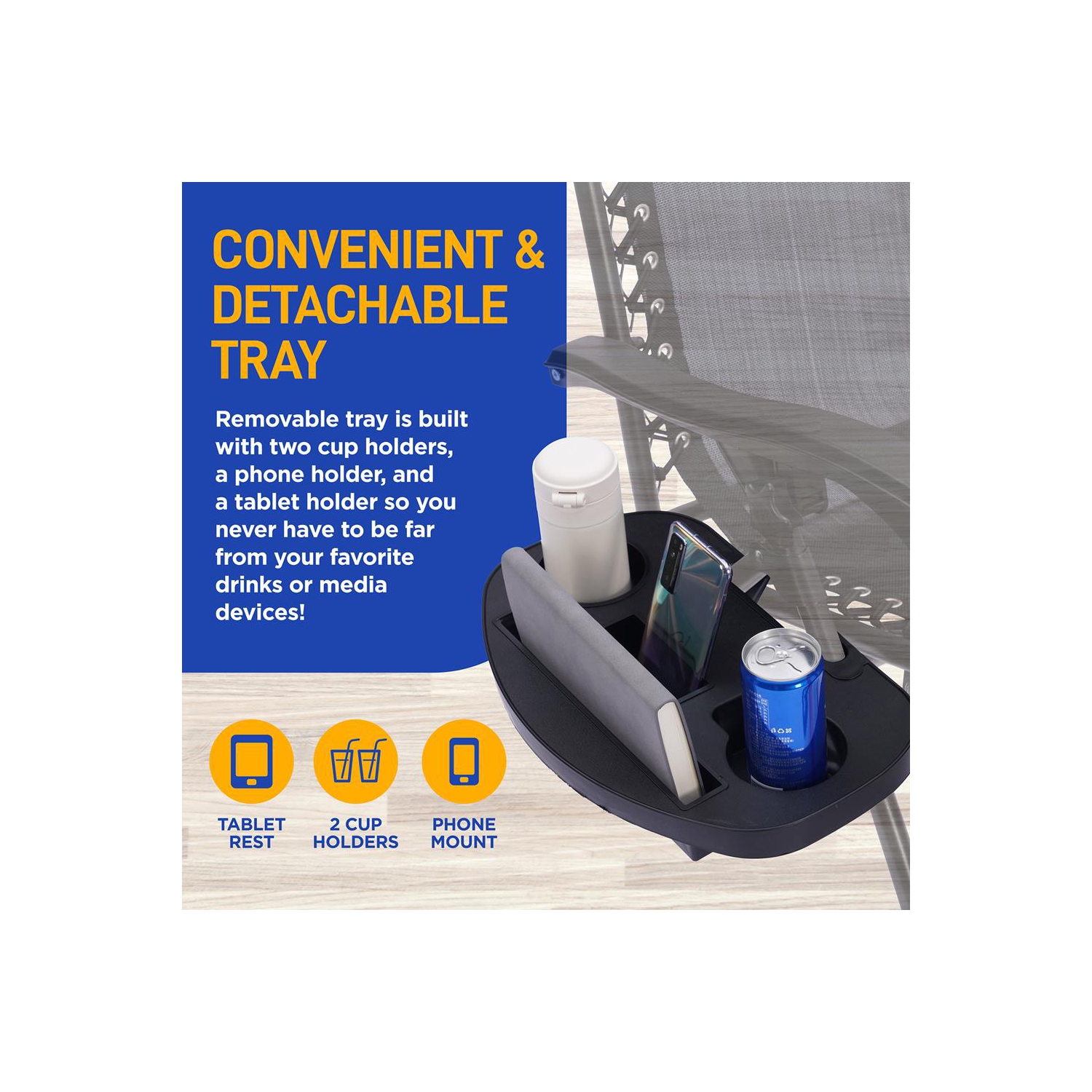 Chaise longue extérieure réglable Zero Gravity avec table d'appoint porte-gobelet en plastique et coussins d'appui-tête rembourrés, paq. 2