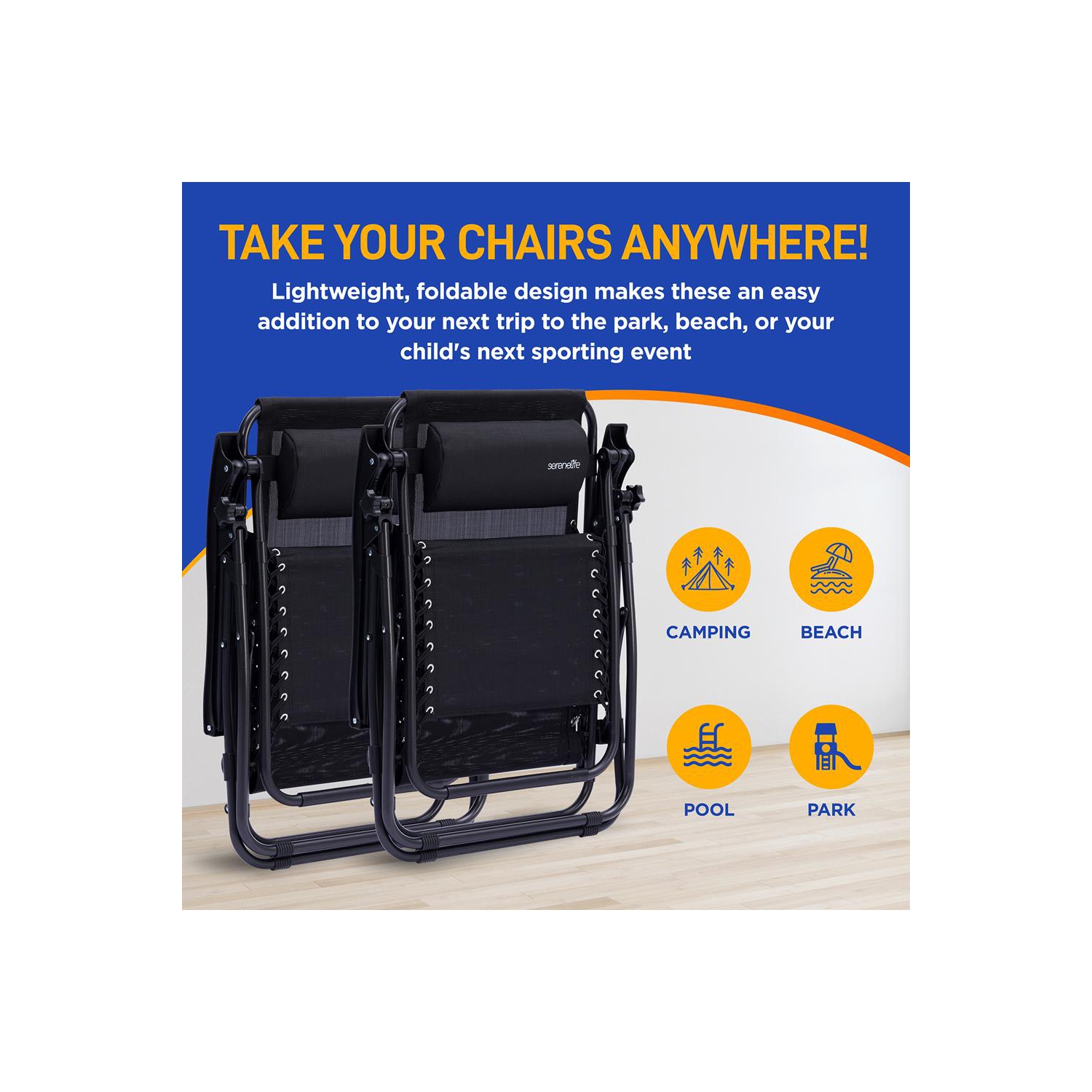 Chaise longue extérieure réglable Zero Gravity avec table d'appoint porte-gobelet en plastique et coussins d'appui-tête rembourrés, paq. 2