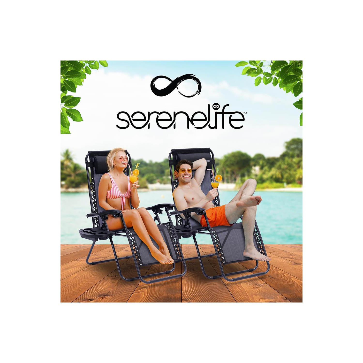 Chaise longue extérieure réglable Zero Gravity avec table d'appoint porte-gobelet en plastique et coussins d'appui-tête rembourrés, paq. 2