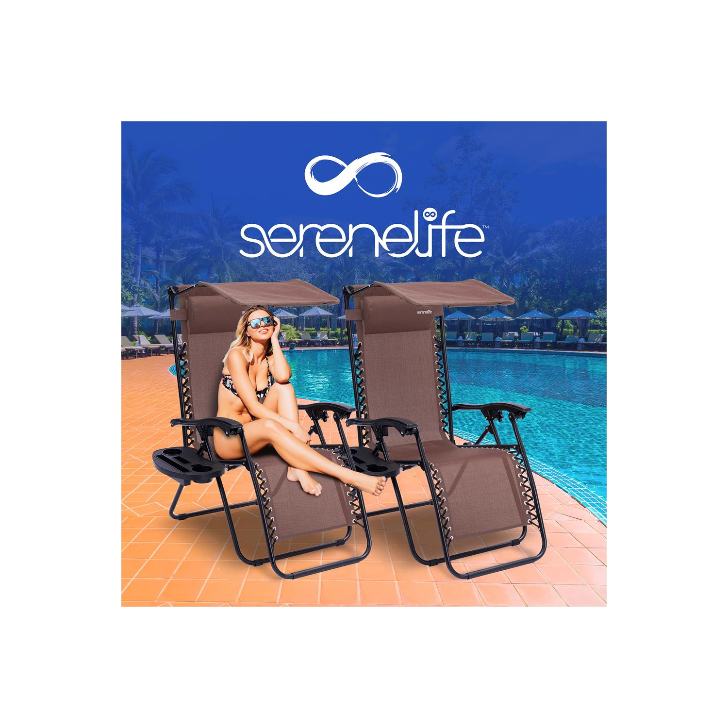 Outdoor Adjustable and Foldable Zero Gravity Lounge Chair Recliners with Canopy, Plastic Cup Holder Side Table and Pillow, 2 Pack,