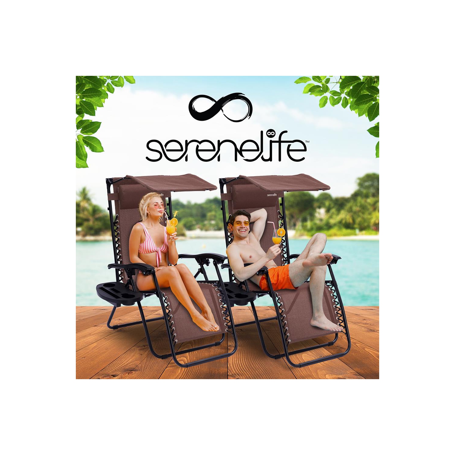 Outdoor Adjustable and Foldable Zero Gravity Lounge Chair Recliners with Canopy, Plastic Cup Holder Side Table and Pillow, 2 Pack,