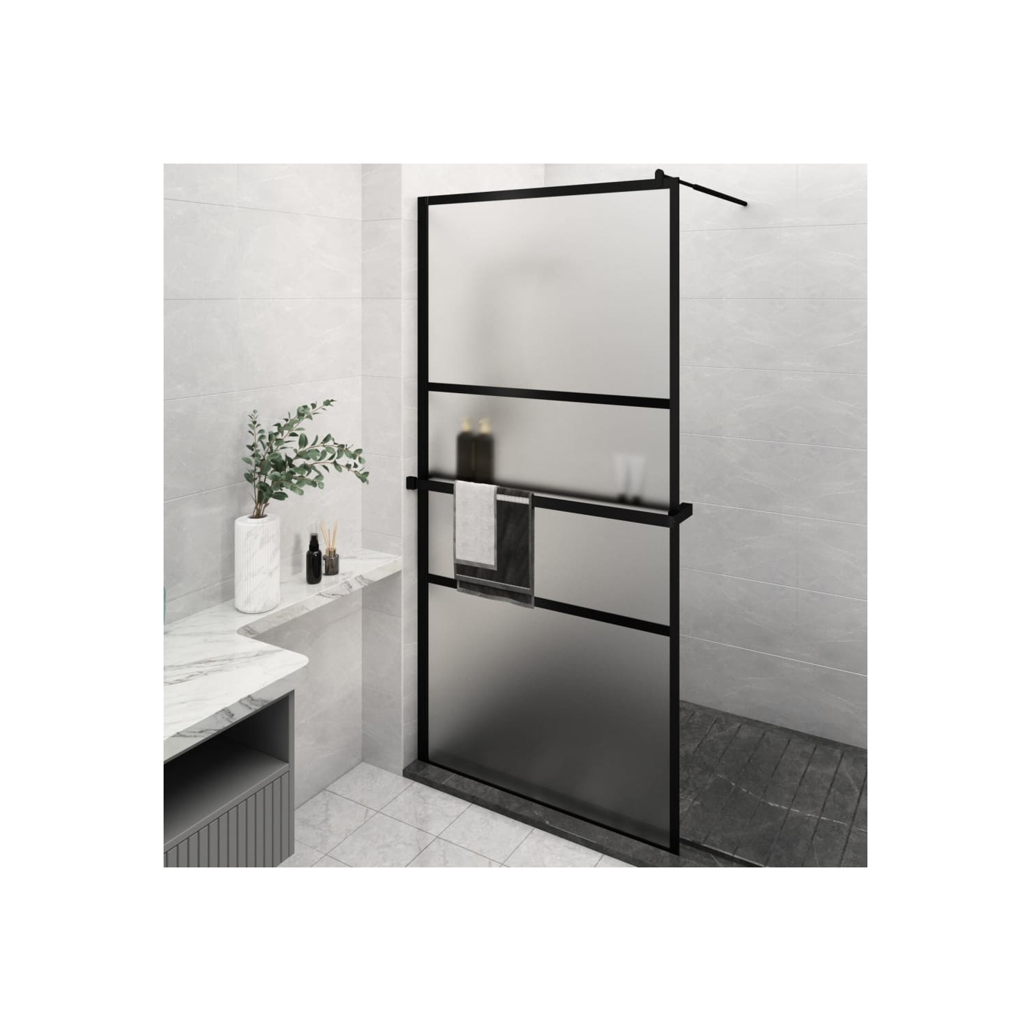vidaXL Walk-in Shower Wall with Shelf Black 115x195 cm ESG Glass&Aluminium