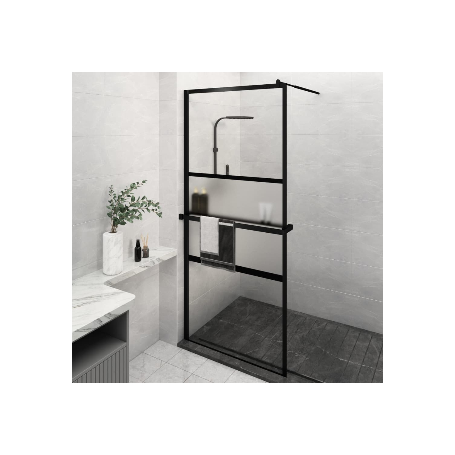 Mur de douche encastré avec tablette noir 90x195 cm ESG verre et aluminium