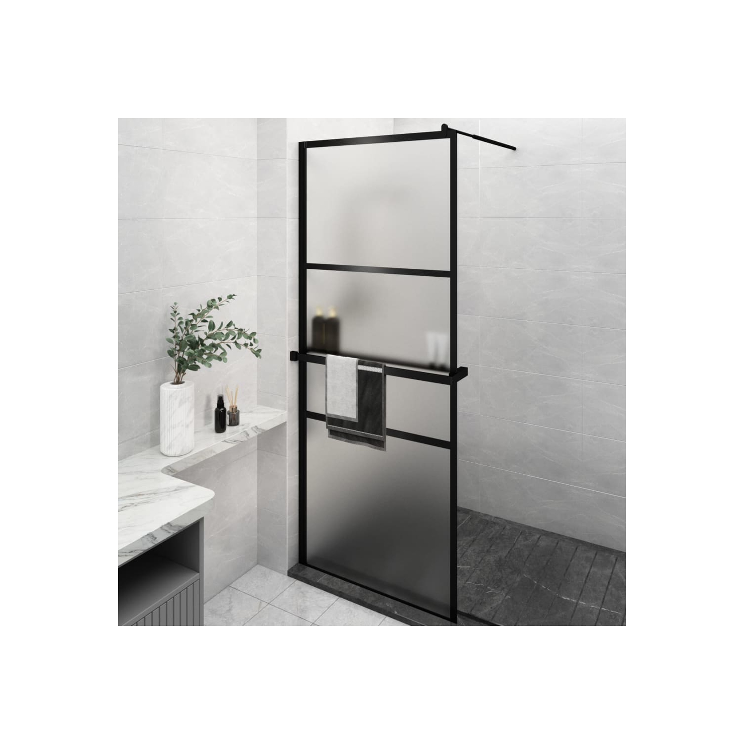 vidaXL Walk-in Shower Wall with Shelf Black 80x195 cm ESG Glass&Aluminium