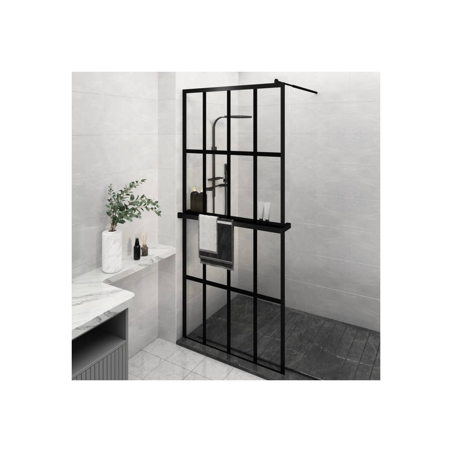 vidaXL Walk-in Shower Wall with Shelf Black 100x195 cm ESG Glass&Aluminium