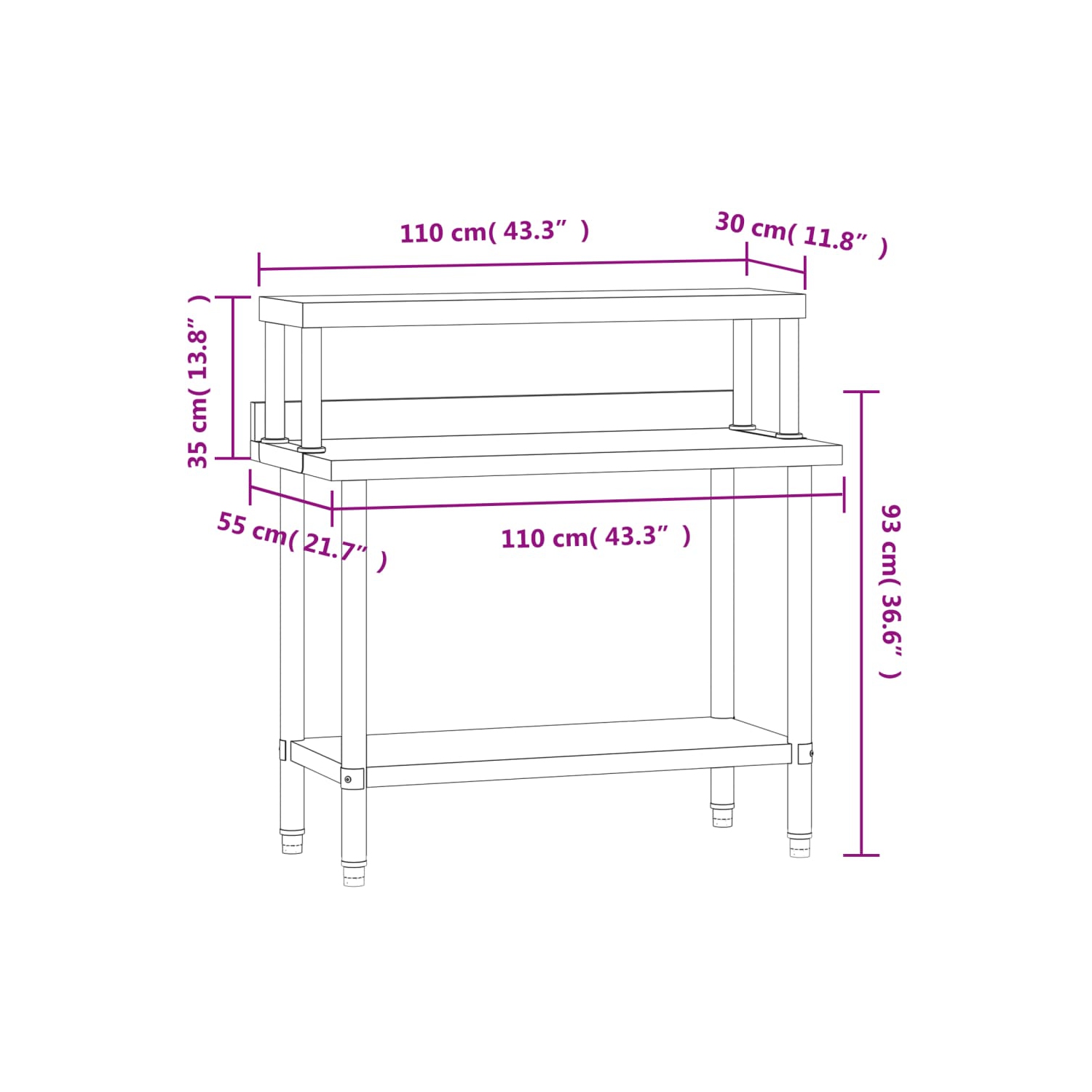 vidaXL Kitchen Work Table with Overshelf 110x55x120 cm Stainless Steel