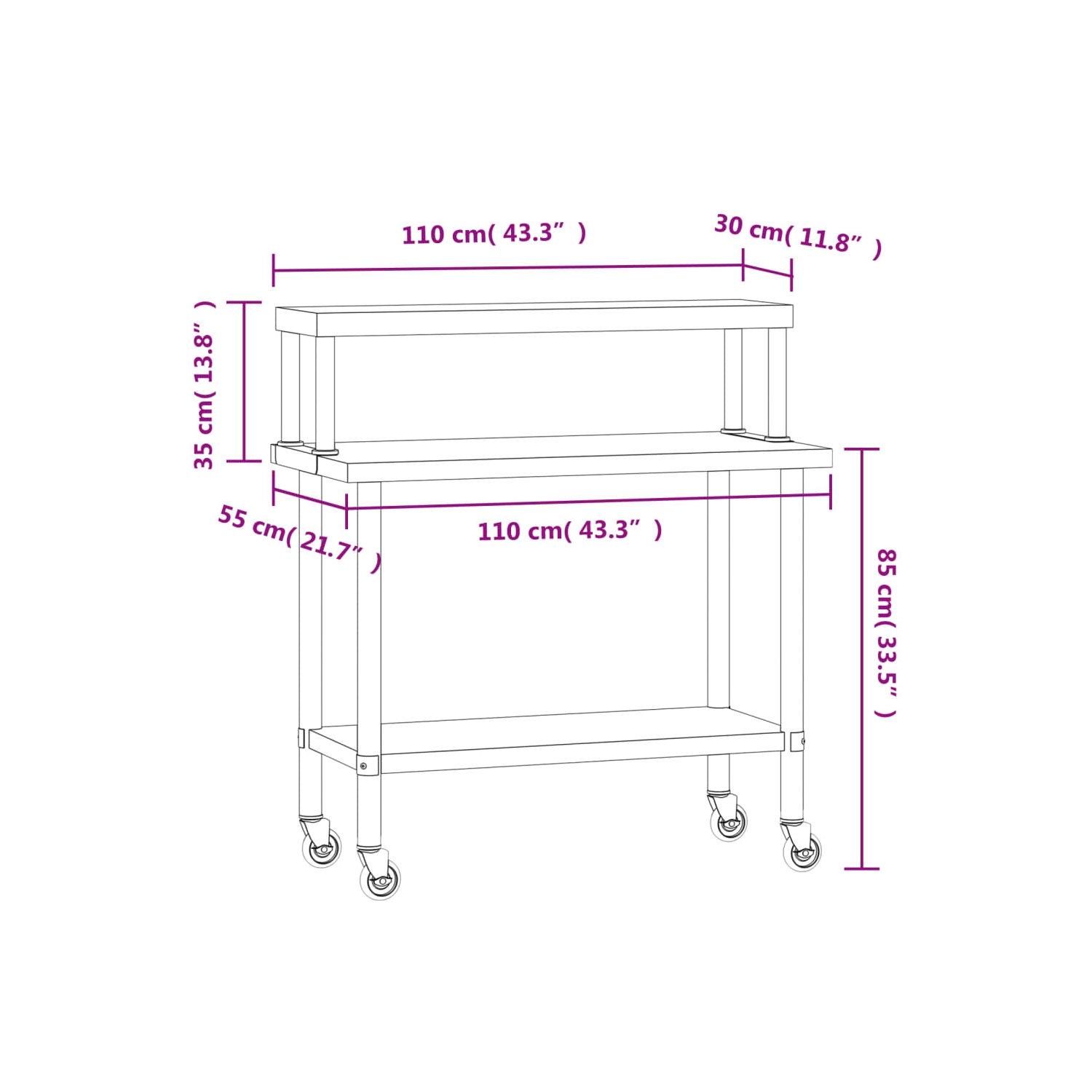 vidaXL Kitchen Work Table with Overshelf 110x55x120 cm Stainless Steel